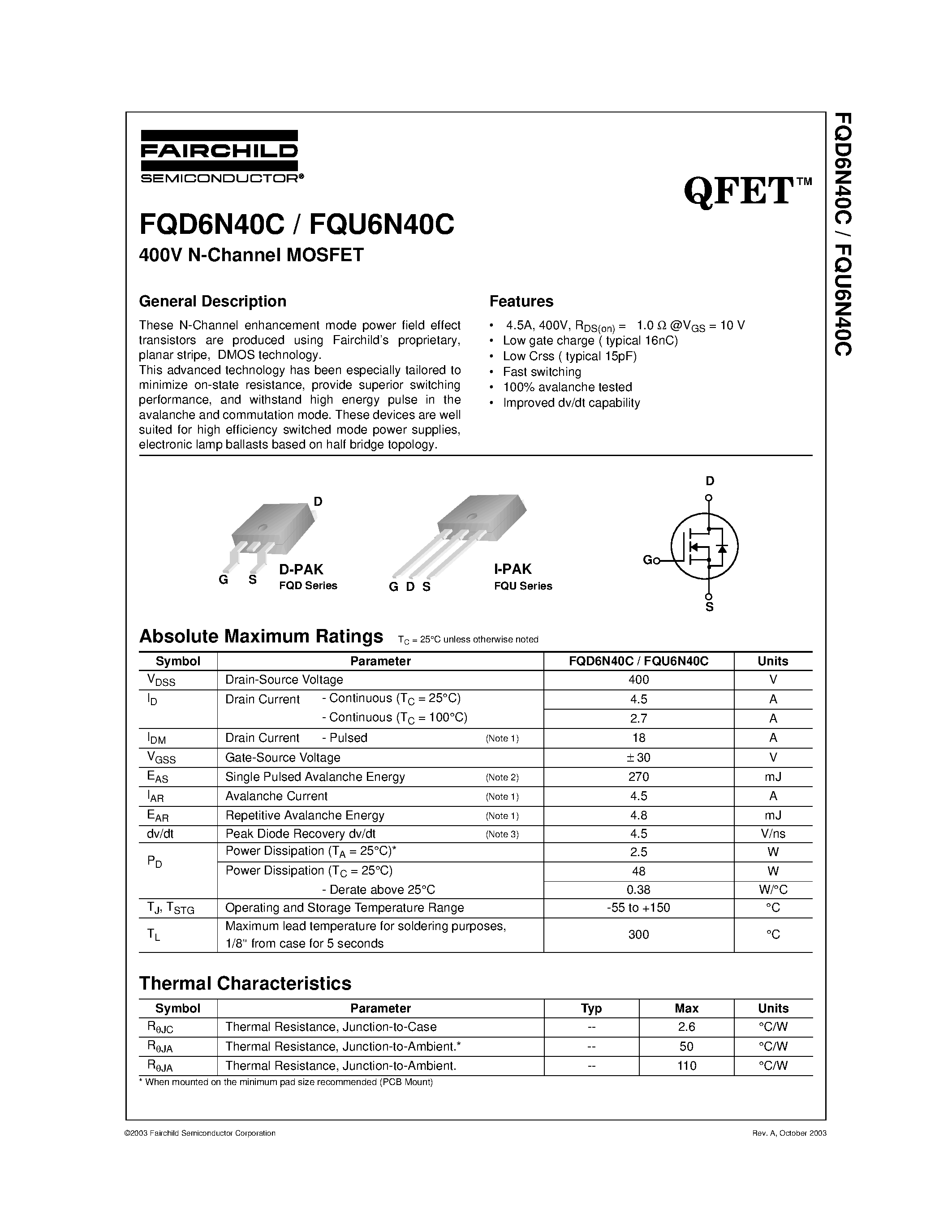 Datasheet FQU6N40C - 400V N-Channel MOSFET page 1