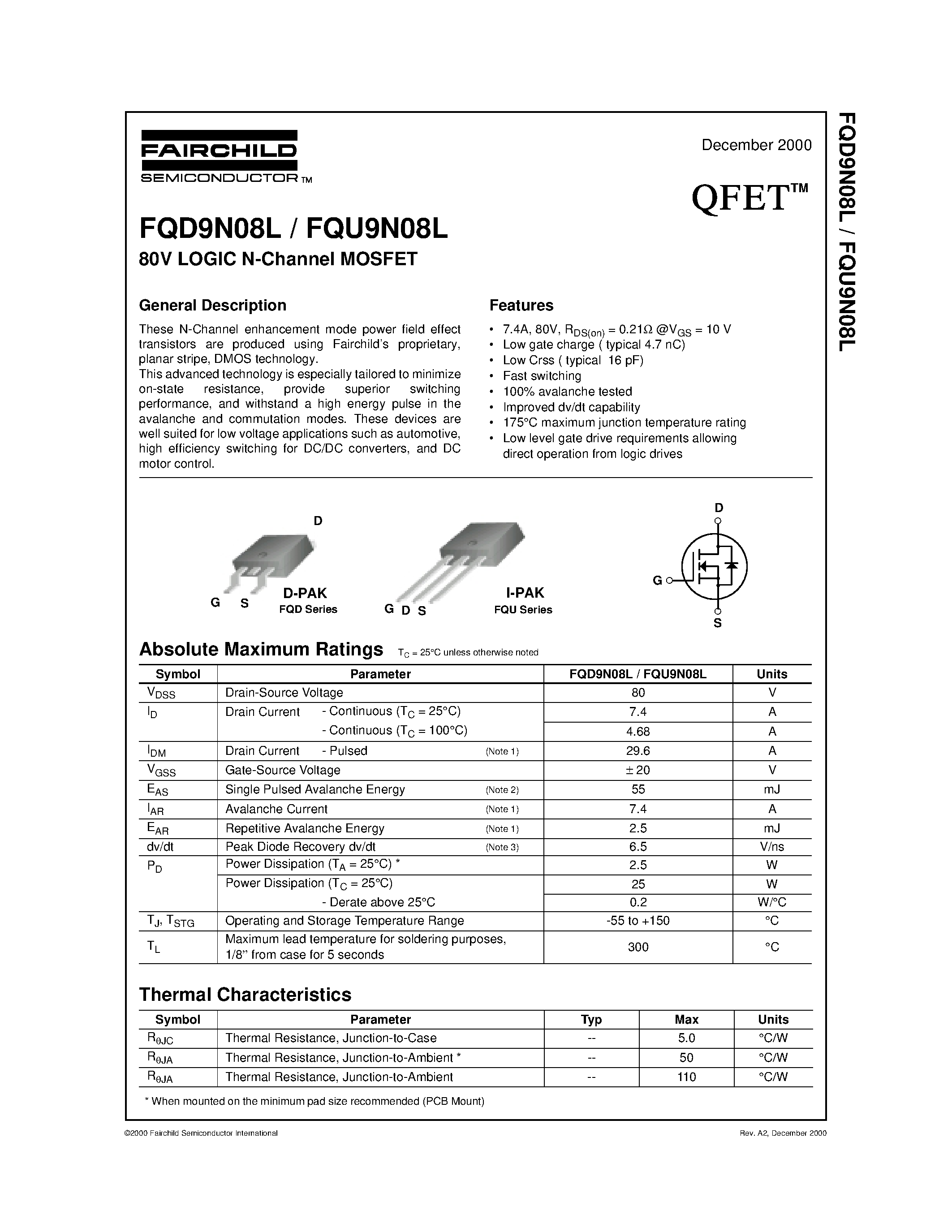 Datasheet FQU9N08L page 1 Datasheet FQU9N08L - 80V LOGIC N-Channel MOSFET page 1