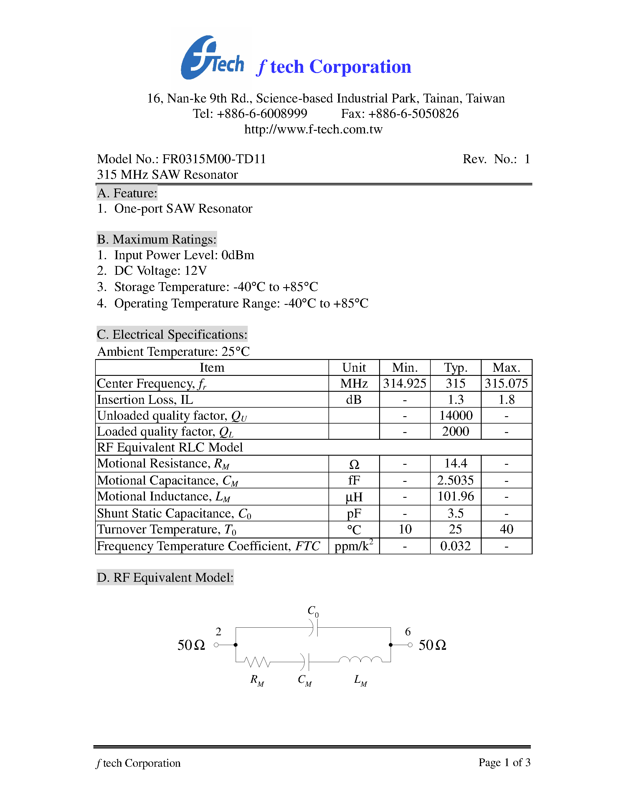 Datasheet FR0315M00-TD11 page 1 Datasheet FR0315M00-TD11 - 315 MHz SAW Resonator page 1