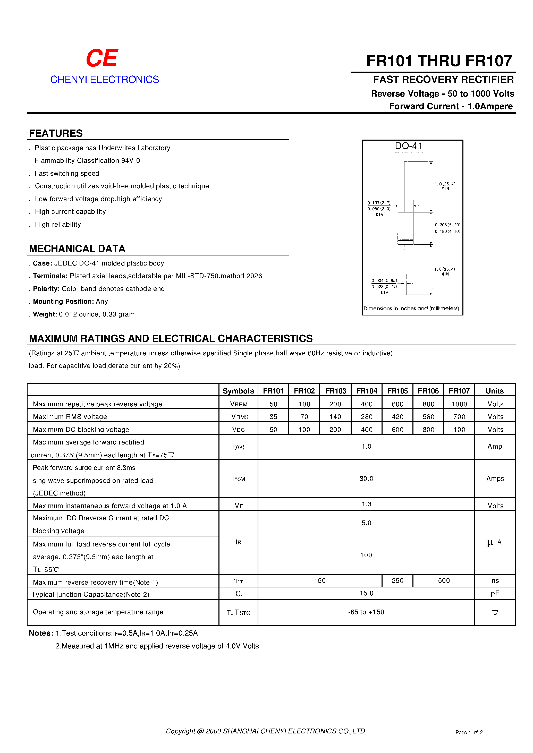Datasheet FR101 page 1 Datasheet FR101 - FAST RECOVERY RECTIFIER page 1
