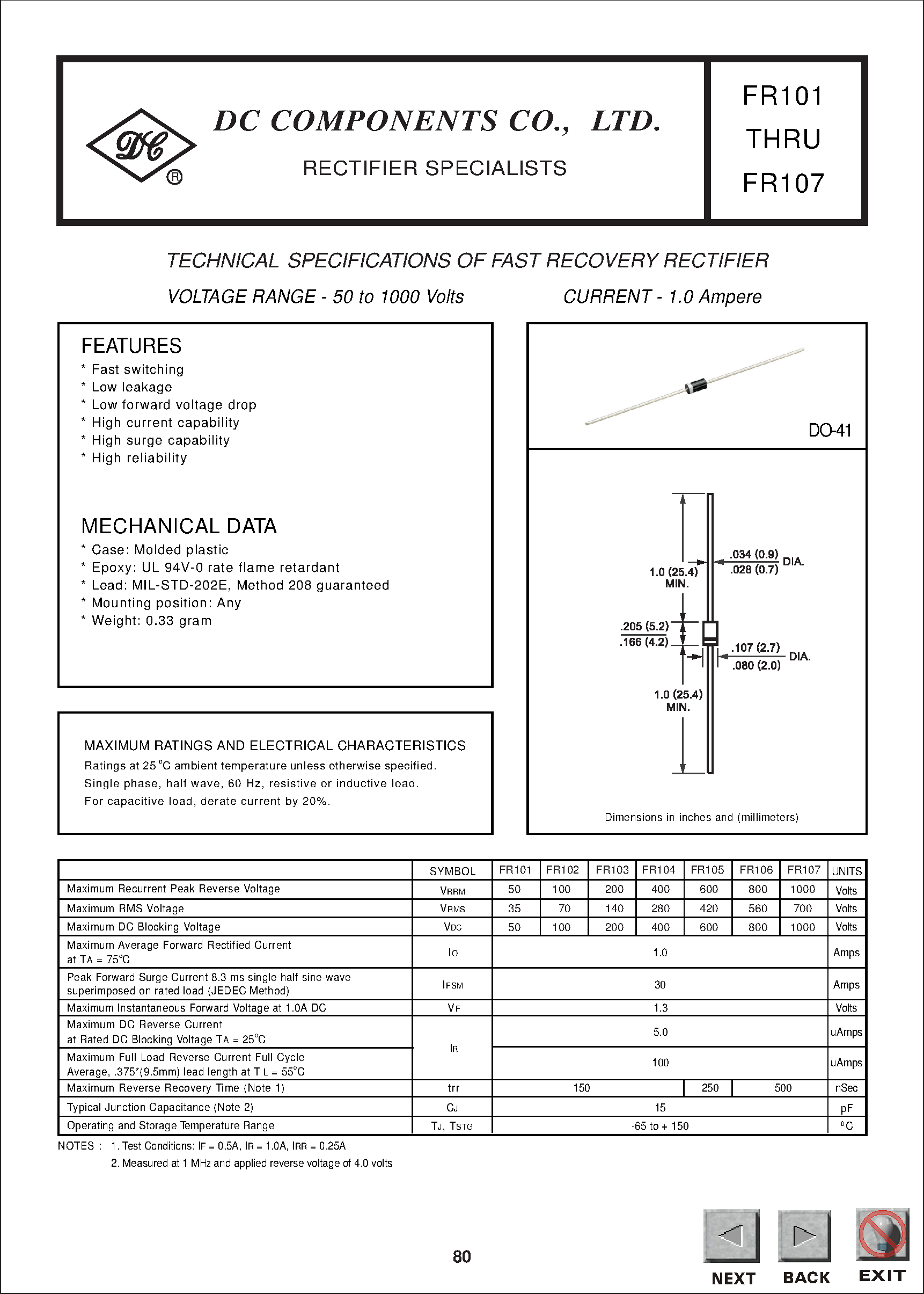 Datasheet FR101 page 1 Datasheet FR101 - TECHNICAL SPECIFICATIONS OF FAST RECOVERY RECTIFIER page 1