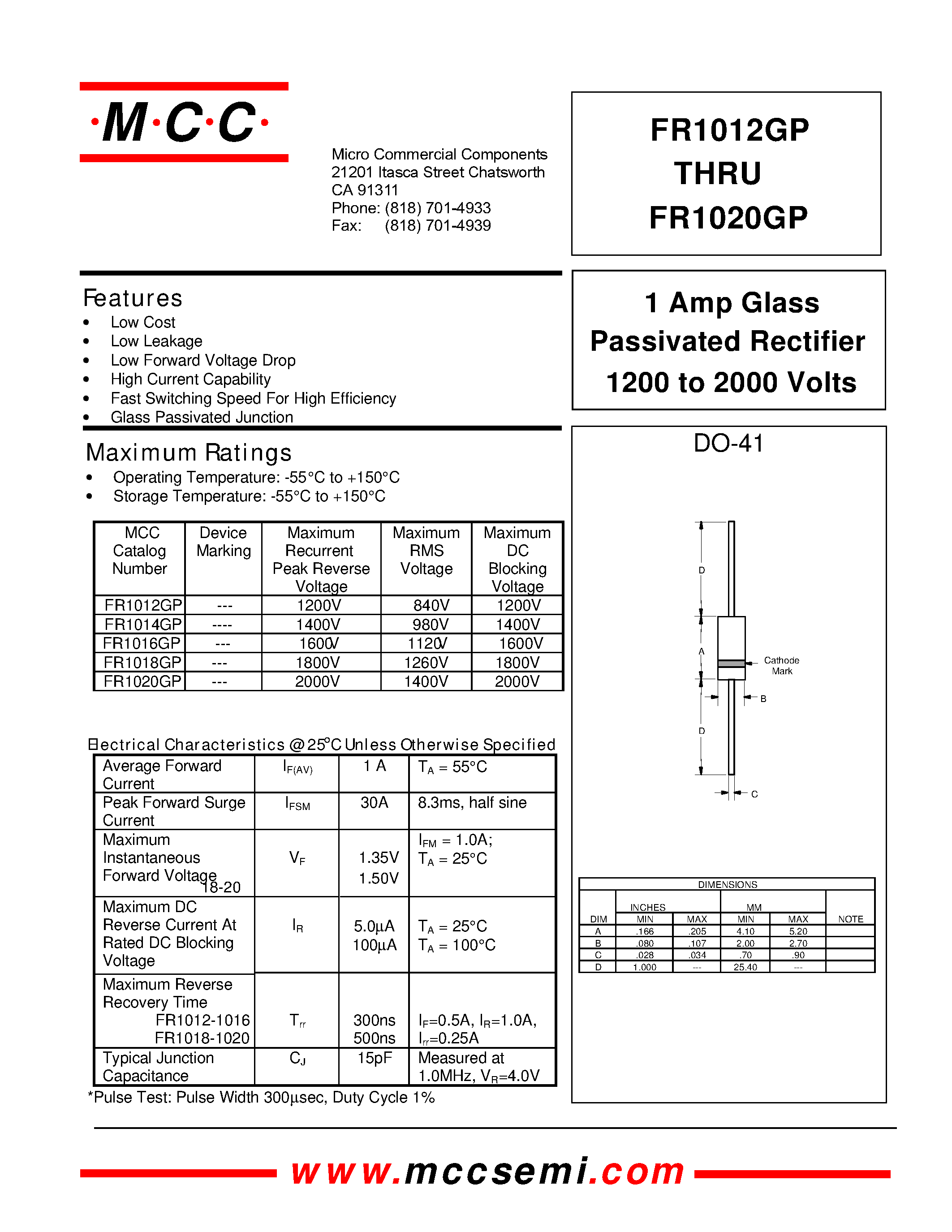 Даташит на микросхему FR1014GP страница 1 Даташит FR1014GP - 1 Amp Glass Passivated Rectifier 1200 to 2000 Volts страница 1