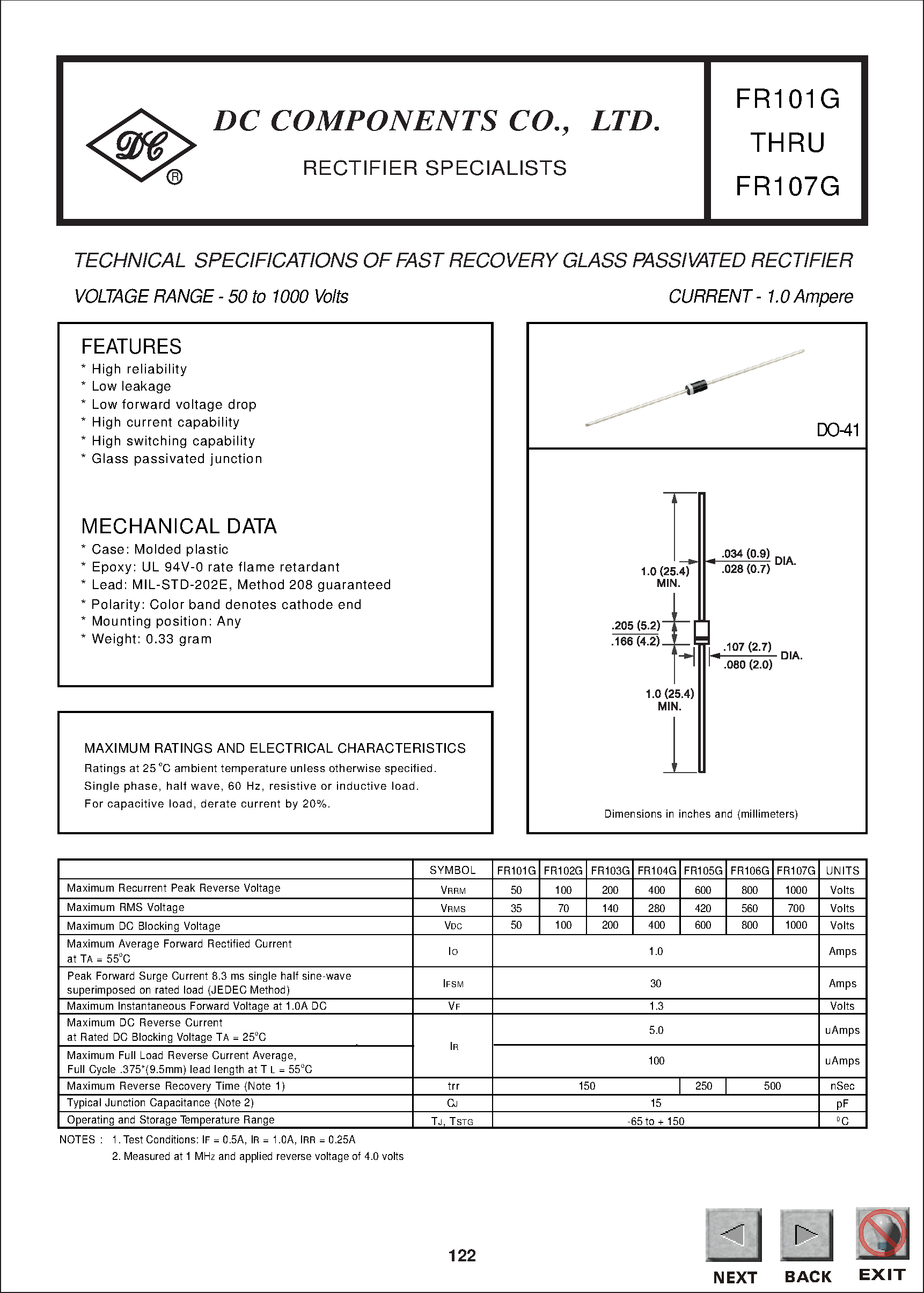 Datasheet FR101G - TECHNICAL SPECIFICATIONS OF FAST RECOVERY GLASS PASSIVATED RECTIFIER page 1