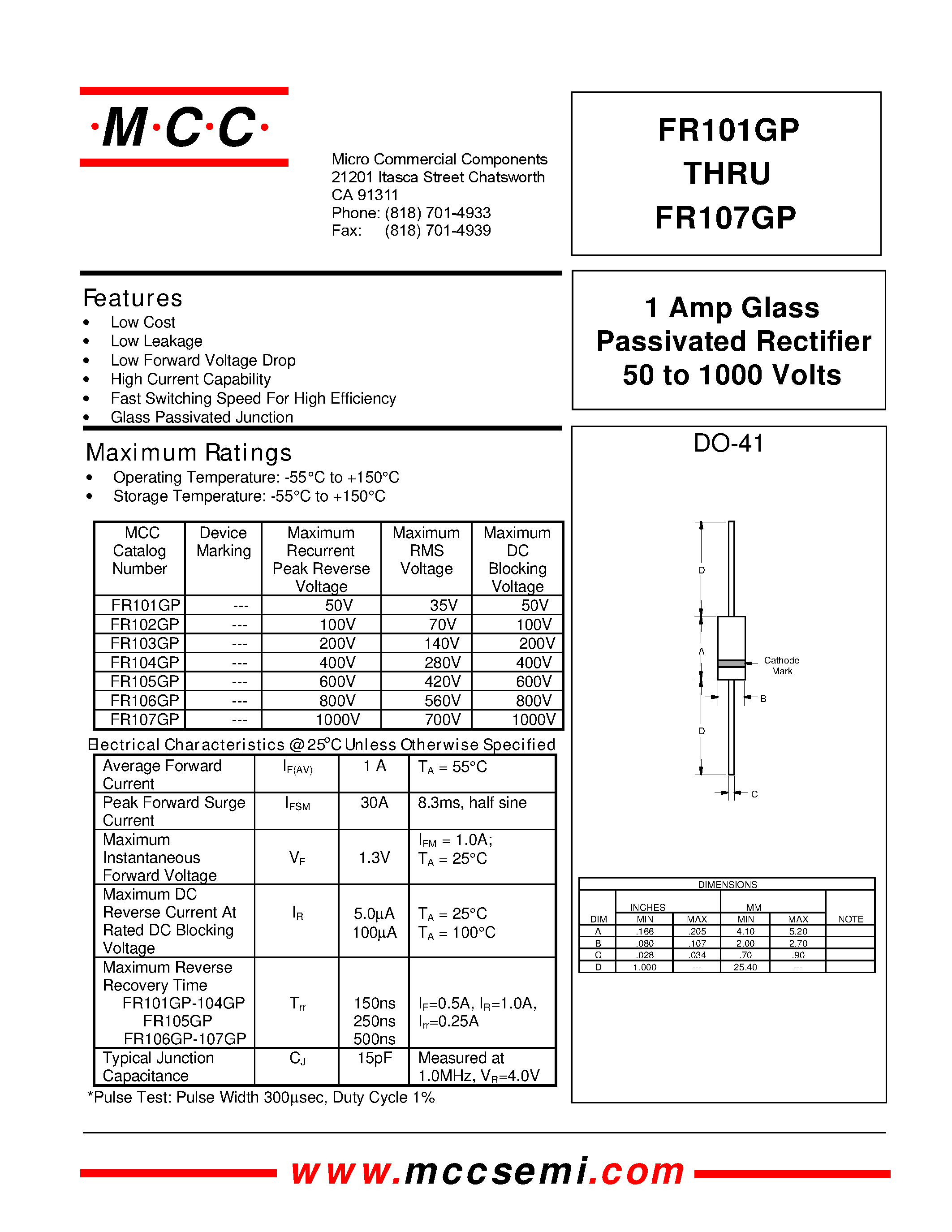 Даташит на микросхему FR101GP страница 1 Даташит FR101GP - 1 Amp Glass Passivated Rectifier 50 to 1000 Volts страница 1