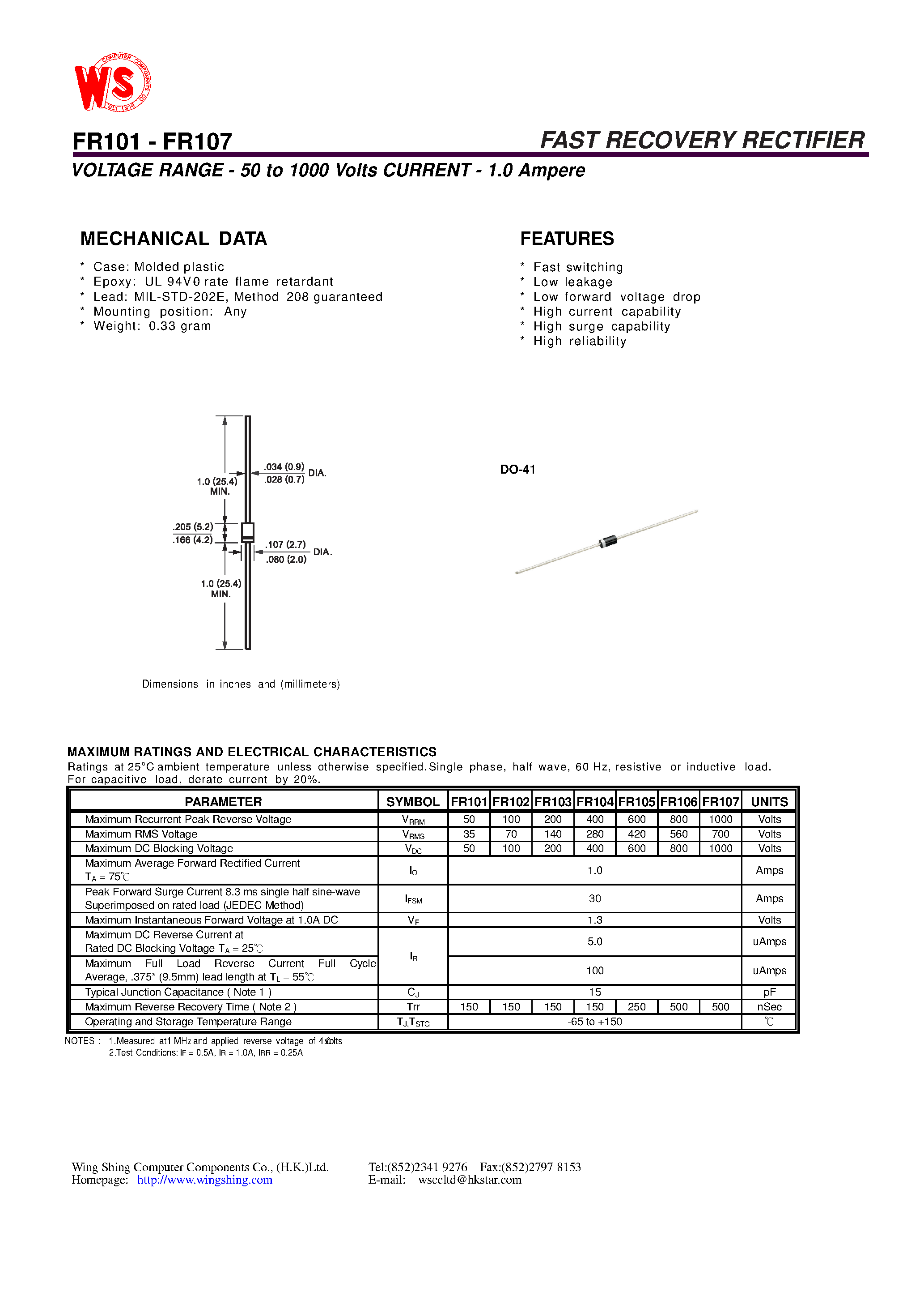 Datasheet FR102 page 1 Datasheet FR102 - FAST RECOVERY RECTIFIER(VOLTAGE RANGE - 50 to 1000 Volts CURRENT - 1.0 Ampere) page 1