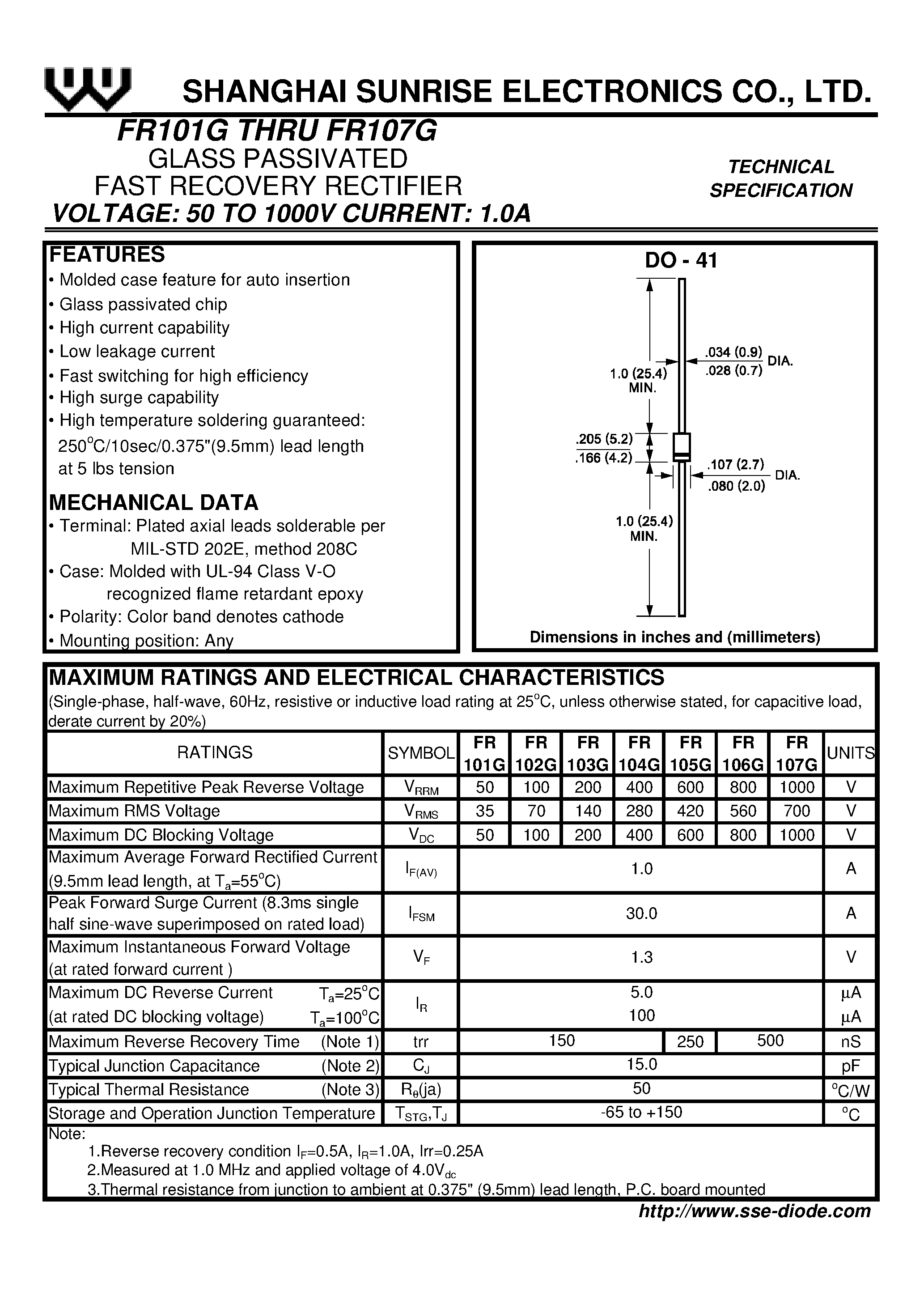 Datasheet FR102G page 1 Datasheet FR102G - GLASS PASSIVATED FAST RECOVERY RECTIFIER page 1