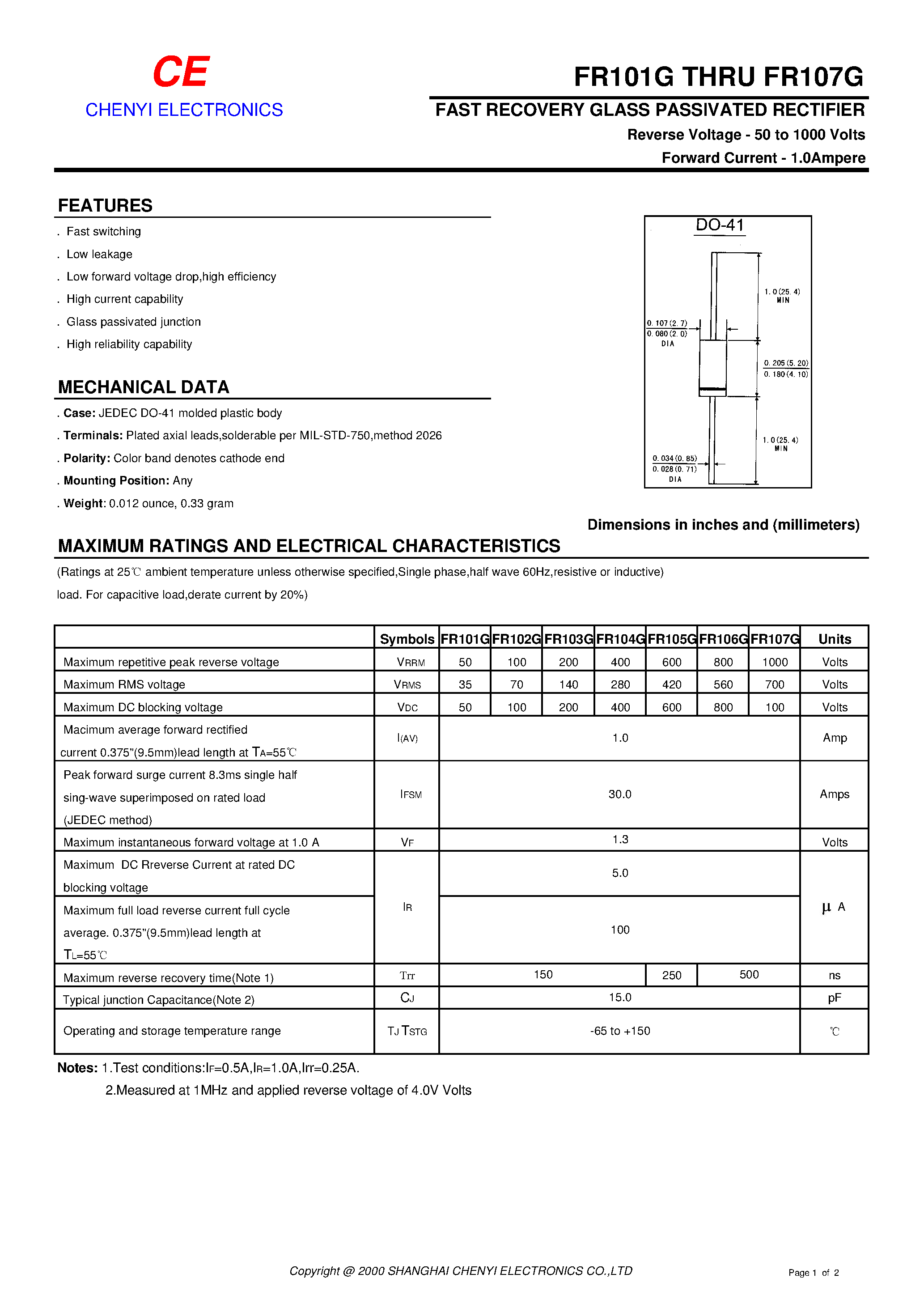 Datasheet FR103G page 1 Datasheet FR103G - FAST RECOVERY GLASS PASSIVATED RECTIFIER page 1