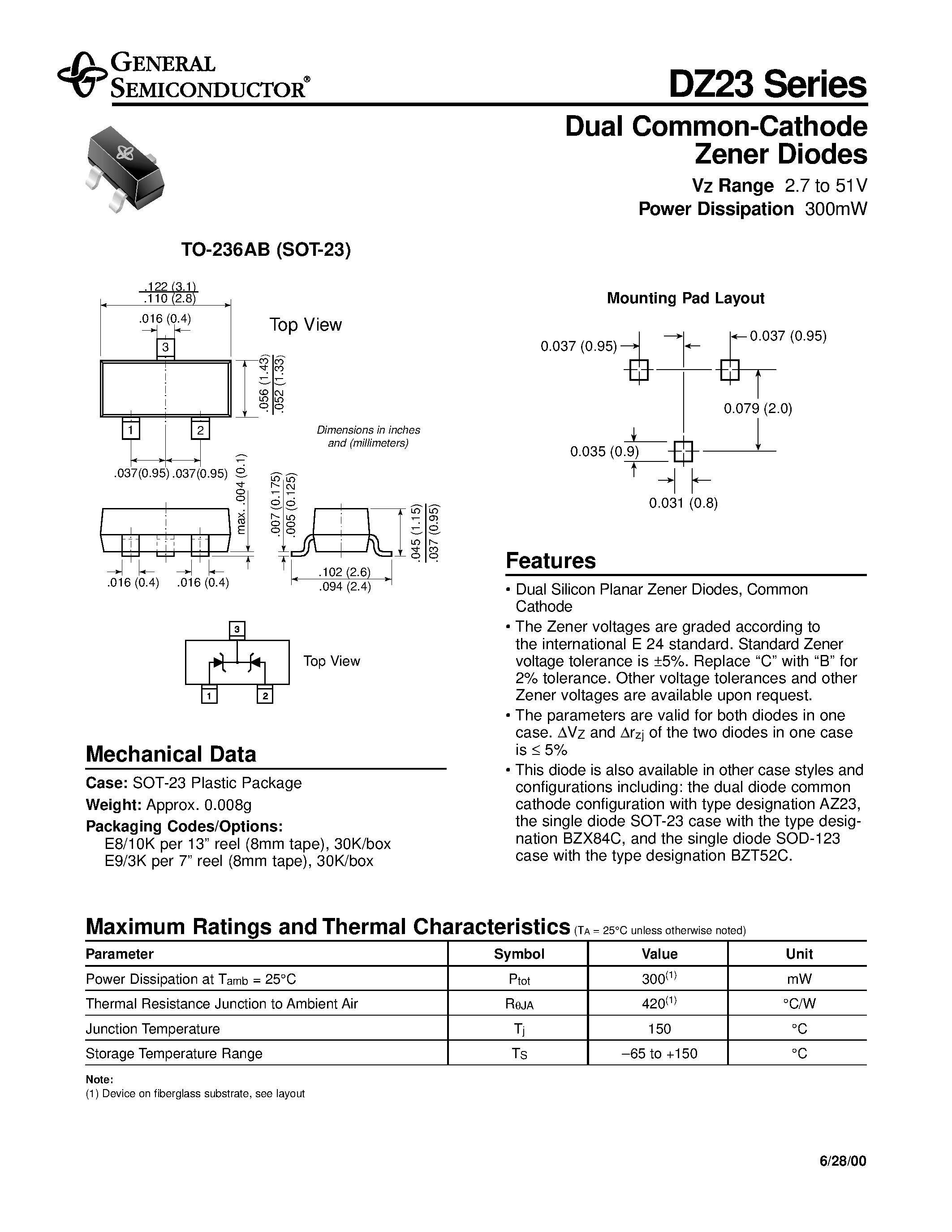 Даташит на микросхему DZ23-C9V1 страница 1 Даташит DZ23-C9V1 - Dual Common-Cathode Zener Diodes страница 1