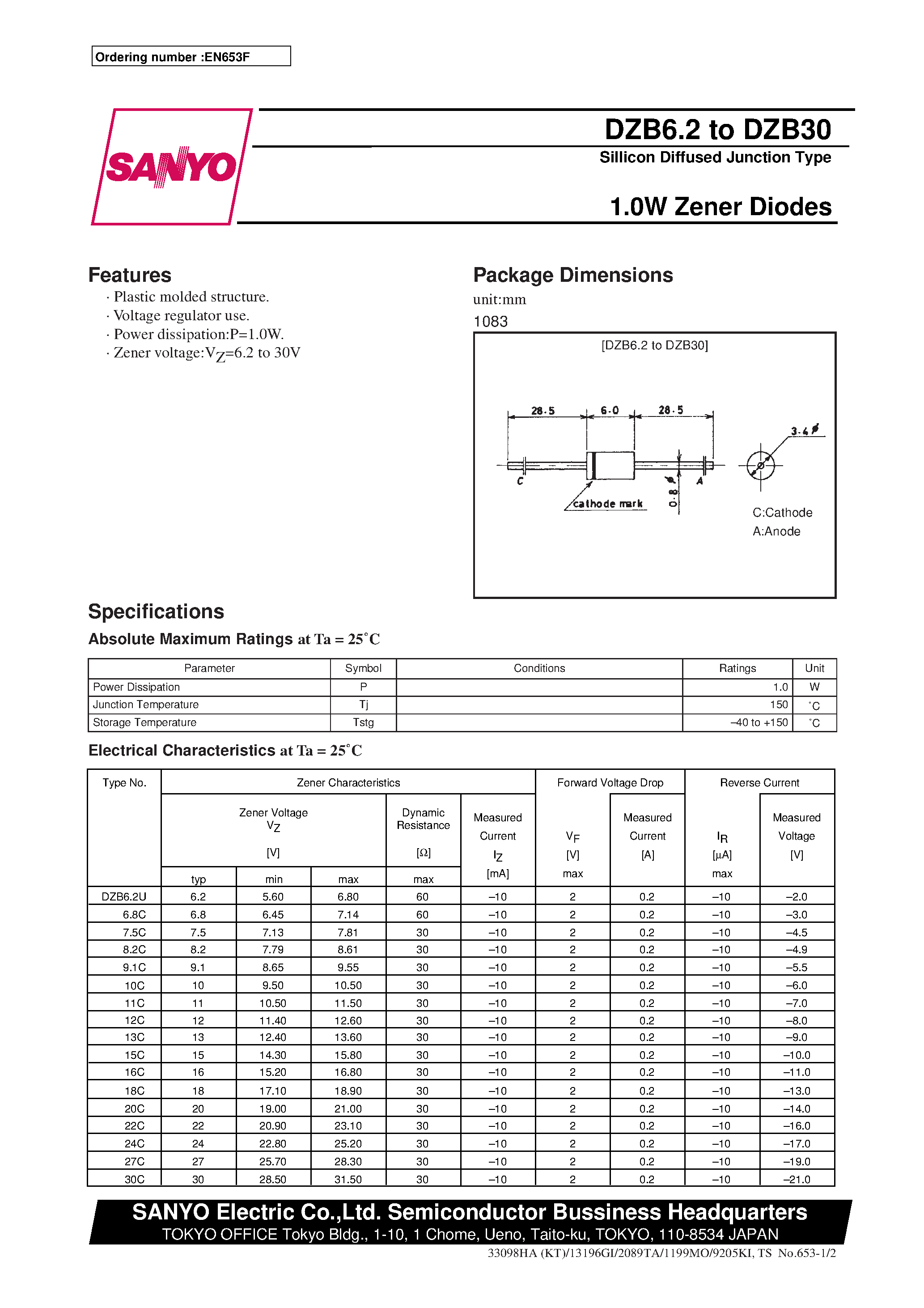 Datasheet DZB9.1C - 1.0W Zener Diodes page 1