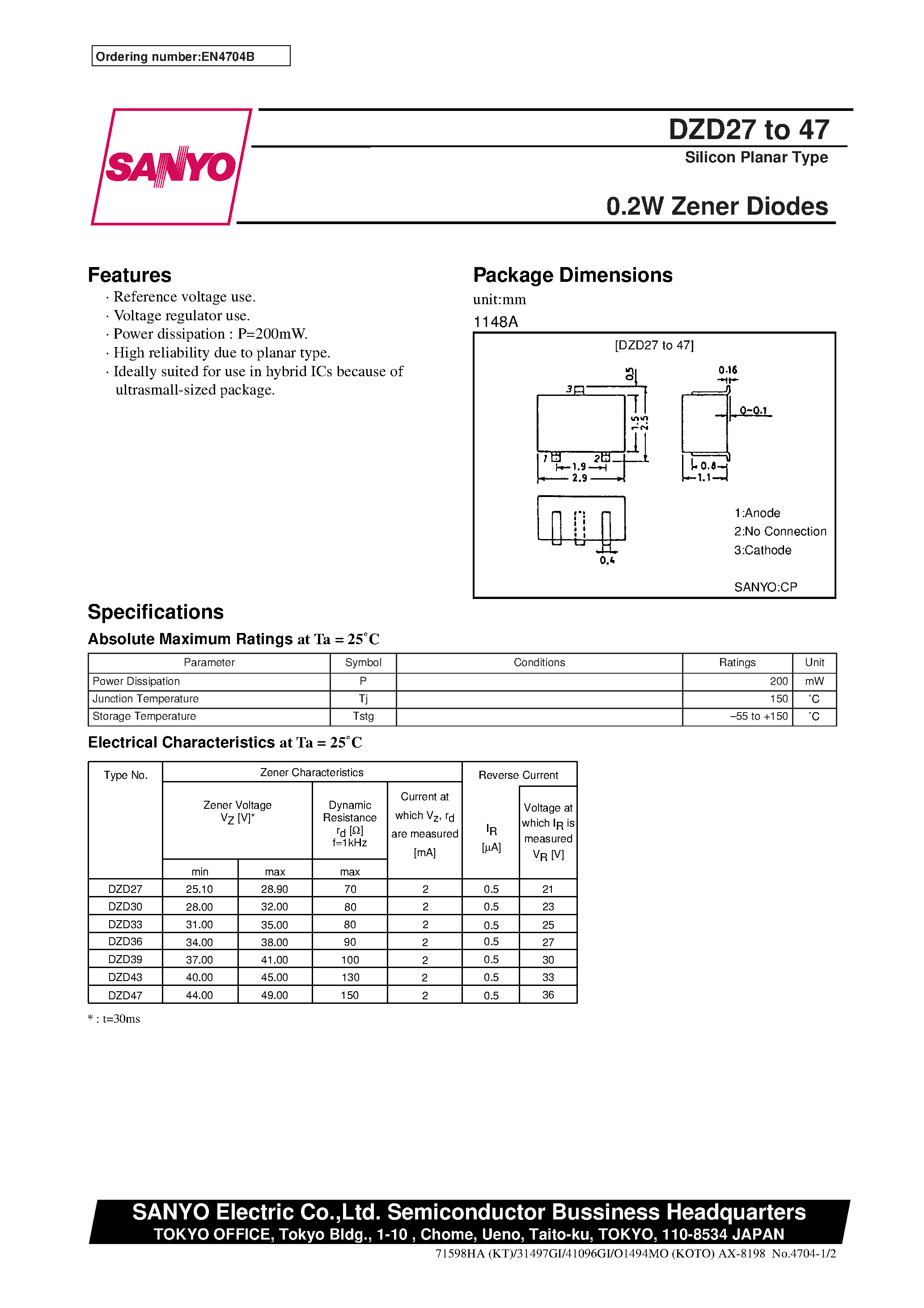 Datasheet DZD27 page 1 Datasheet DZD27 - 0.2W Zener Diodes page 1