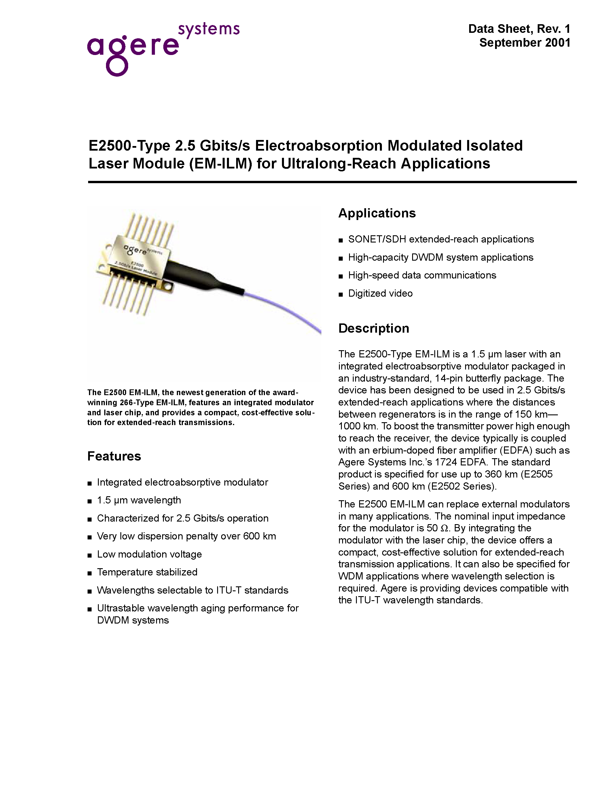 Datasheet E2505H40 - E2500-Type 2.5 Gbits/s Electroabsorption Moudlated Isolated Laser Module (EM-ILM) for Ultralong-Reach Applications page 1