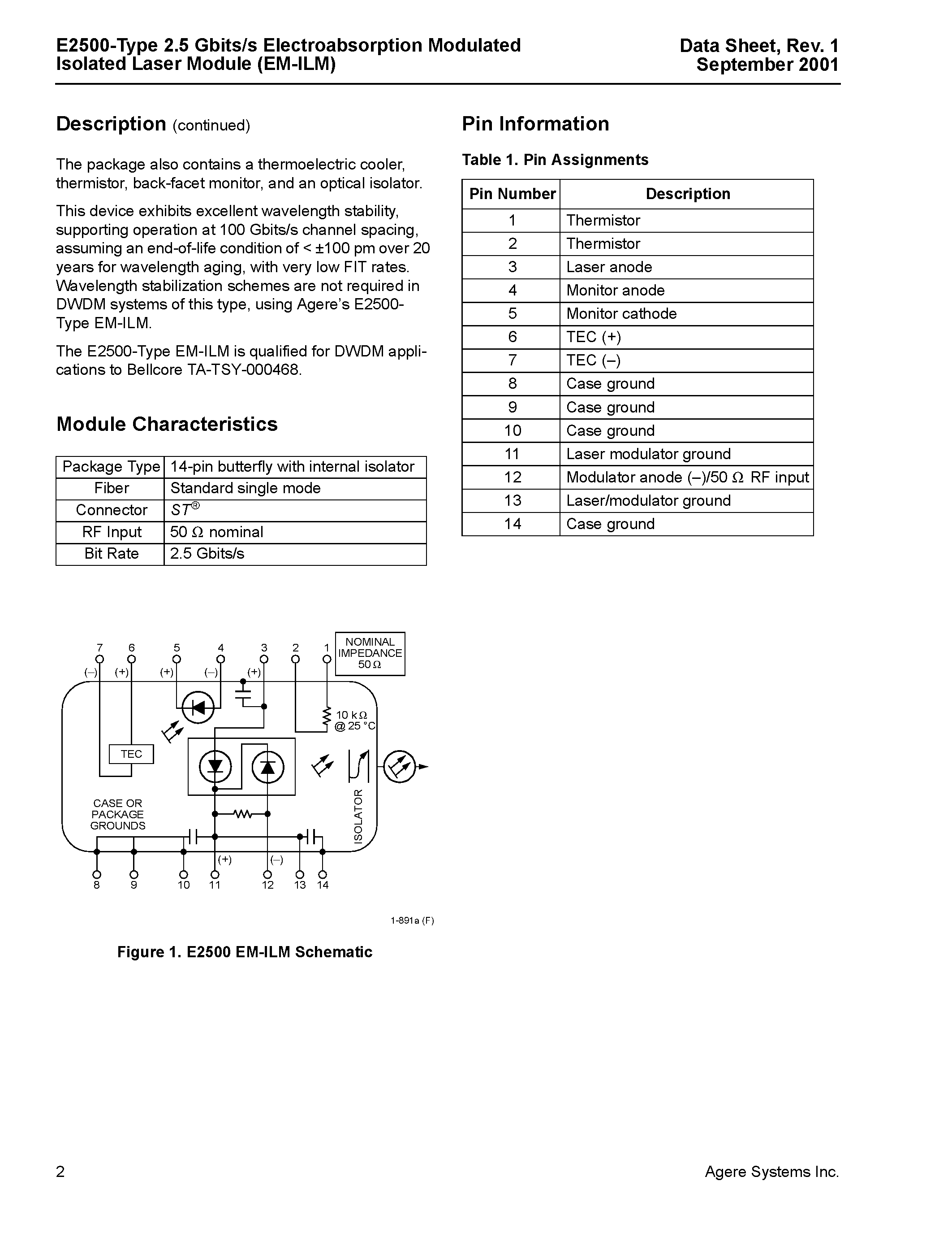 Datasheet E2505H46 - E2500-Type 2.5 Gbits/s Electroabsorption Moudlated Isolated Laser Module (EM-ILM) for Ultralong-Reach Applications page 2