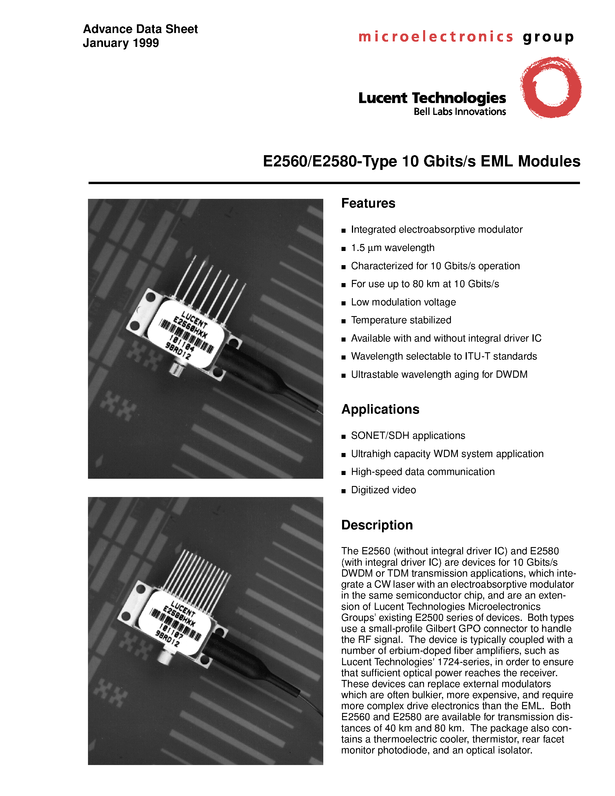 Datasheet E2560 - E2560/E2580-Type 10 Gbits/s EML Modules page 1
