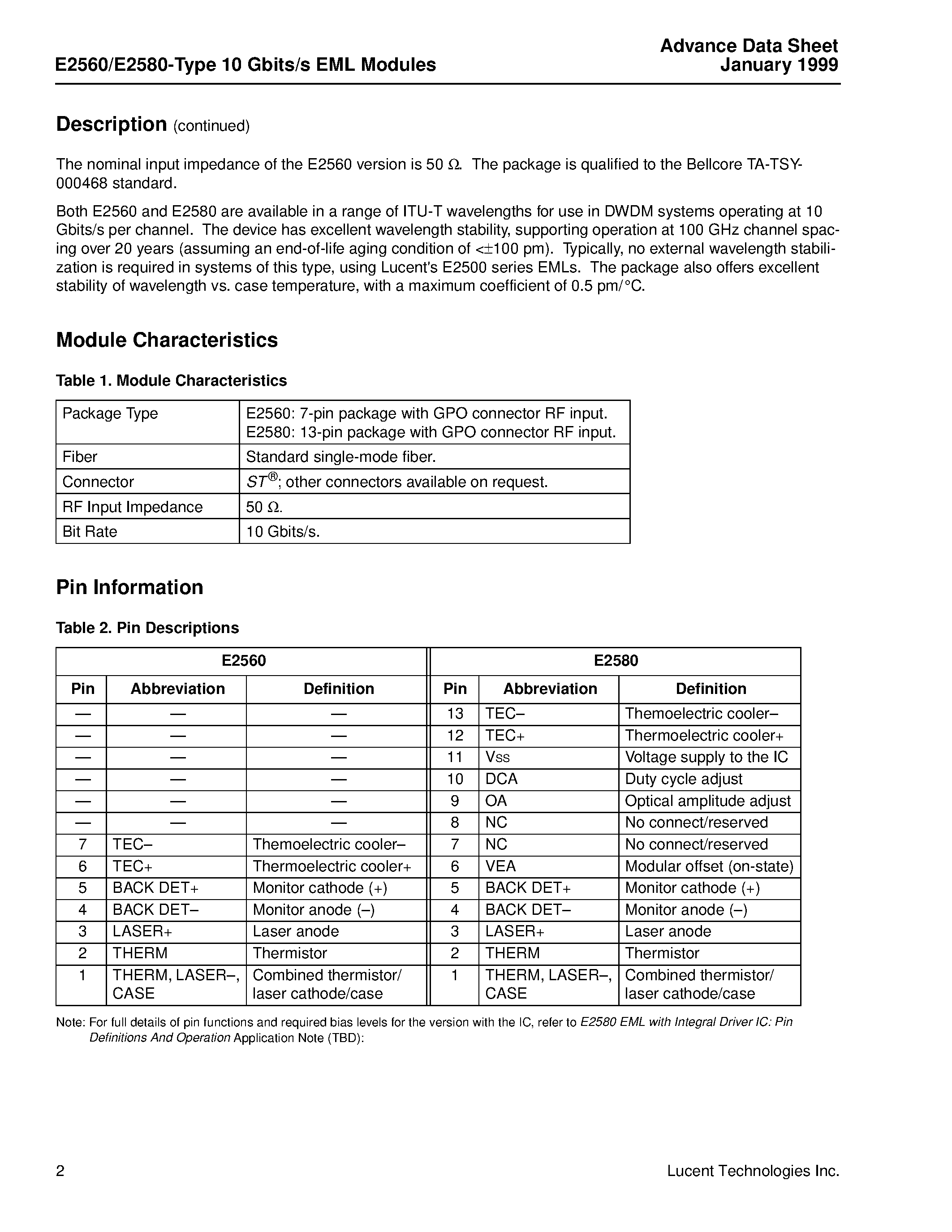 Datasheet E2560 - E2560/E2580-Type 10 Gbits/s EML Modules page 2