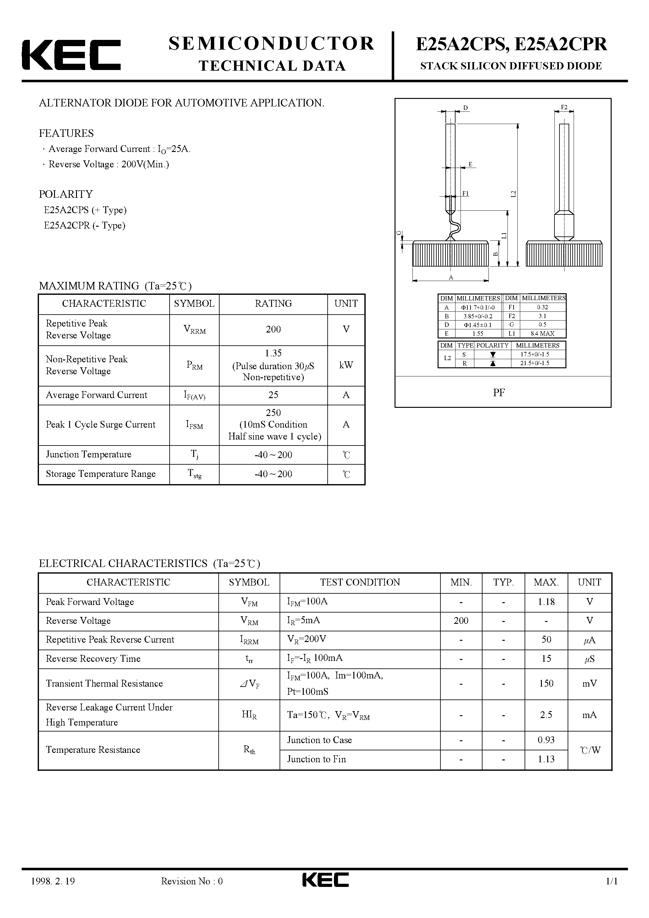 Datasheet E25A2CPR - STACK SILICON DIFFUSED DIODE (ALTERNATOR DIODE FOR AUTOMOTIVE) page 1