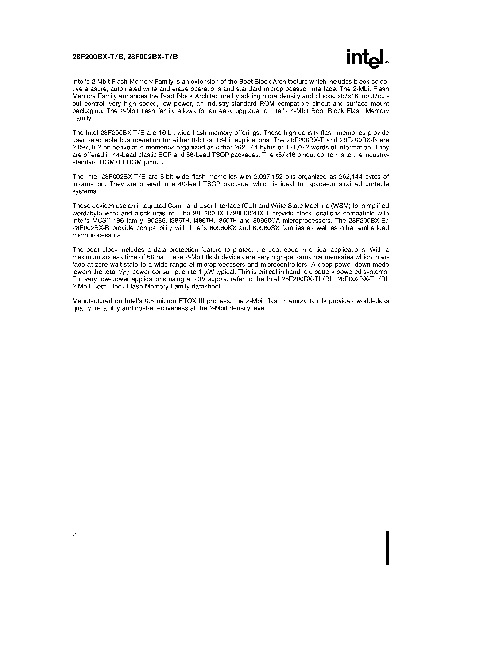 Datasheet E28F002BX-B120 - 2-MBIT (128K x 16/ 256K x 8) BOOT BLOCK FLASH MEMORY FAMILY page 2