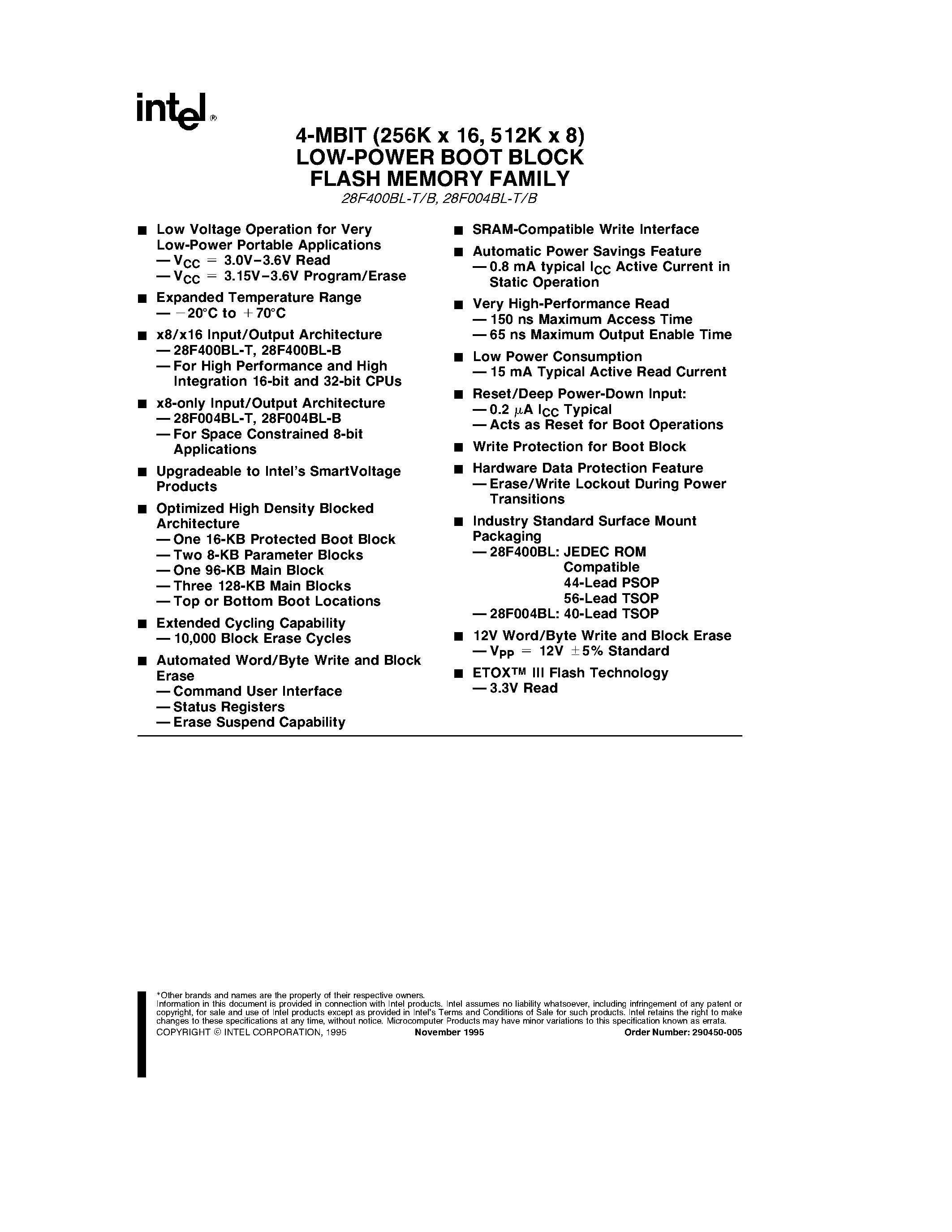 Datasheet E28F004BL-B150 - 4-MBlT (256K x 16/ 512K x 8) LOW-POWER BOOT BLOCK FLASH MEMORY FAMILY page 1