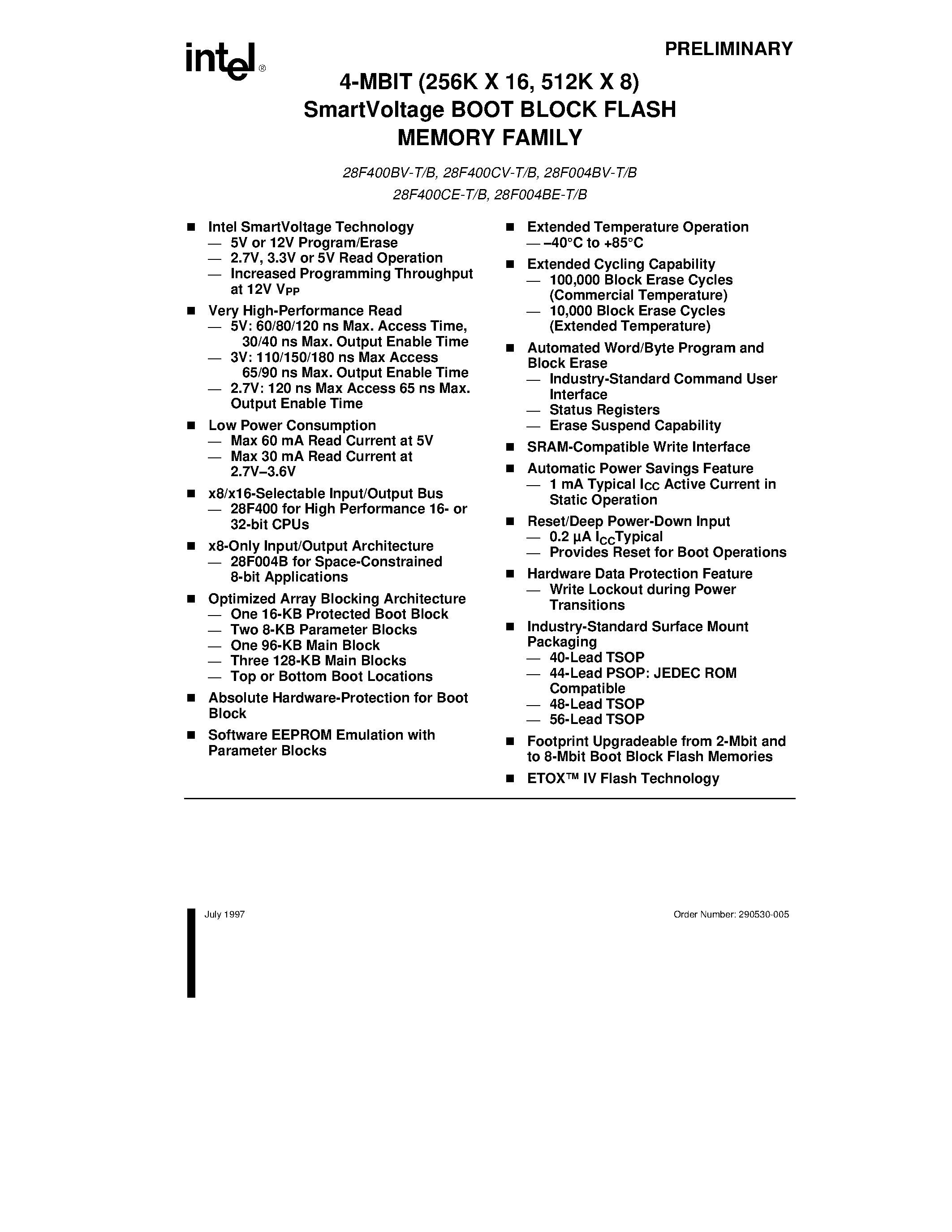 Datasheet E28F004BVB60 - 4-MBIT (256K X 16/ 512K X 8)SmartVoltage BOOT BLOCK FLASH MEMORY FAMILY page 1