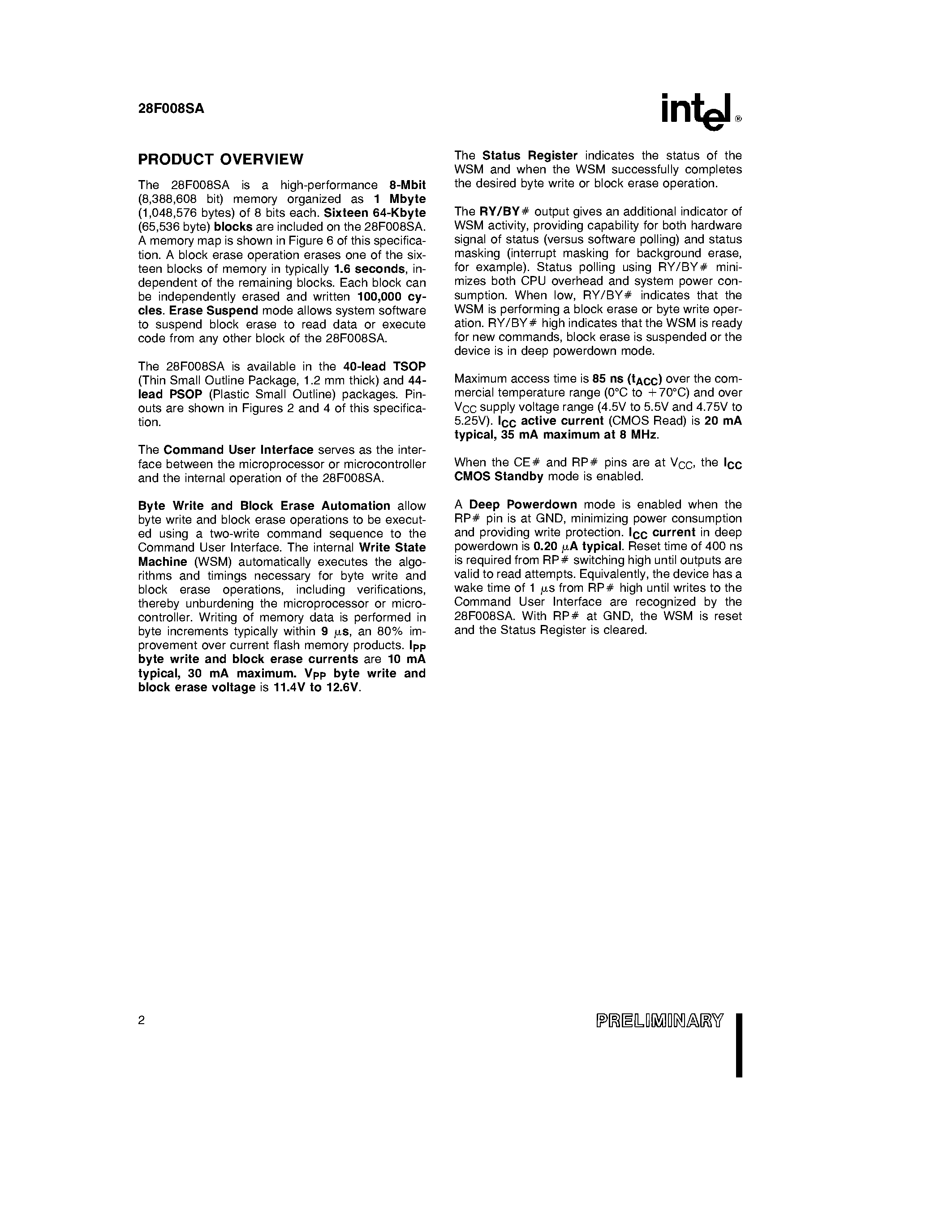 Datasheet E28F008SA-85 - 8-MBIT (1-MBIT x 8) FlashFileTM MEMORY page 2