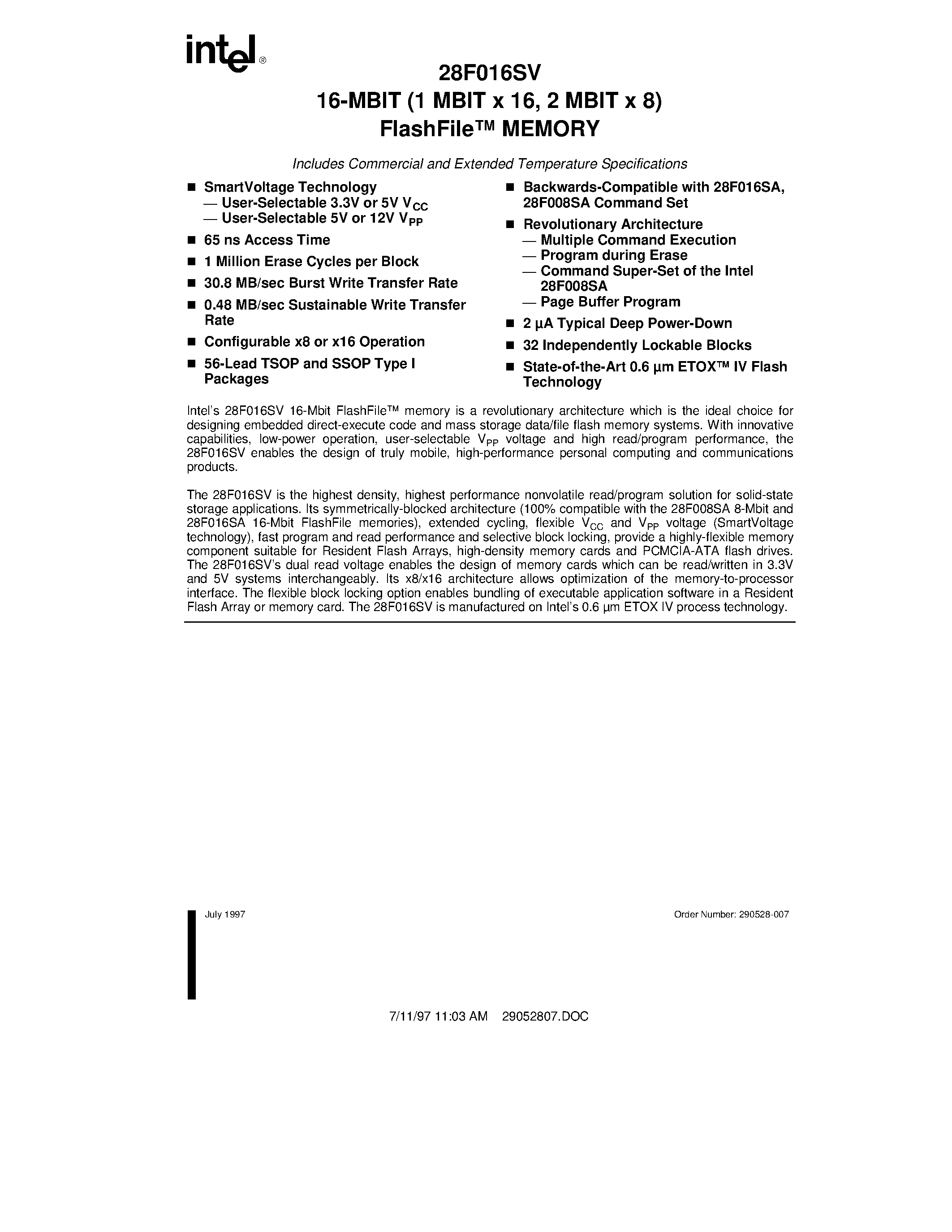 Datasheet E28F016SV-070 - 16-MBIT (1 MBIT x 16/ 2 MBIT x 8) FlashFile MEMORY page 1