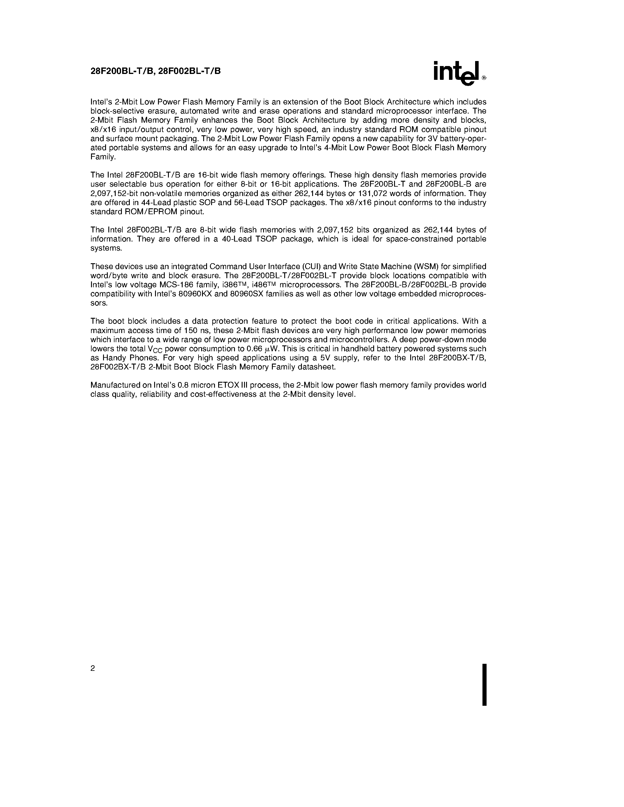 Datasheet E28F200BL-T150 - 2-MBIT (128K x 16/ 256K x 8)LOW-POWER BOOT BLOCK FLASH MEMORY FAMILY page 2