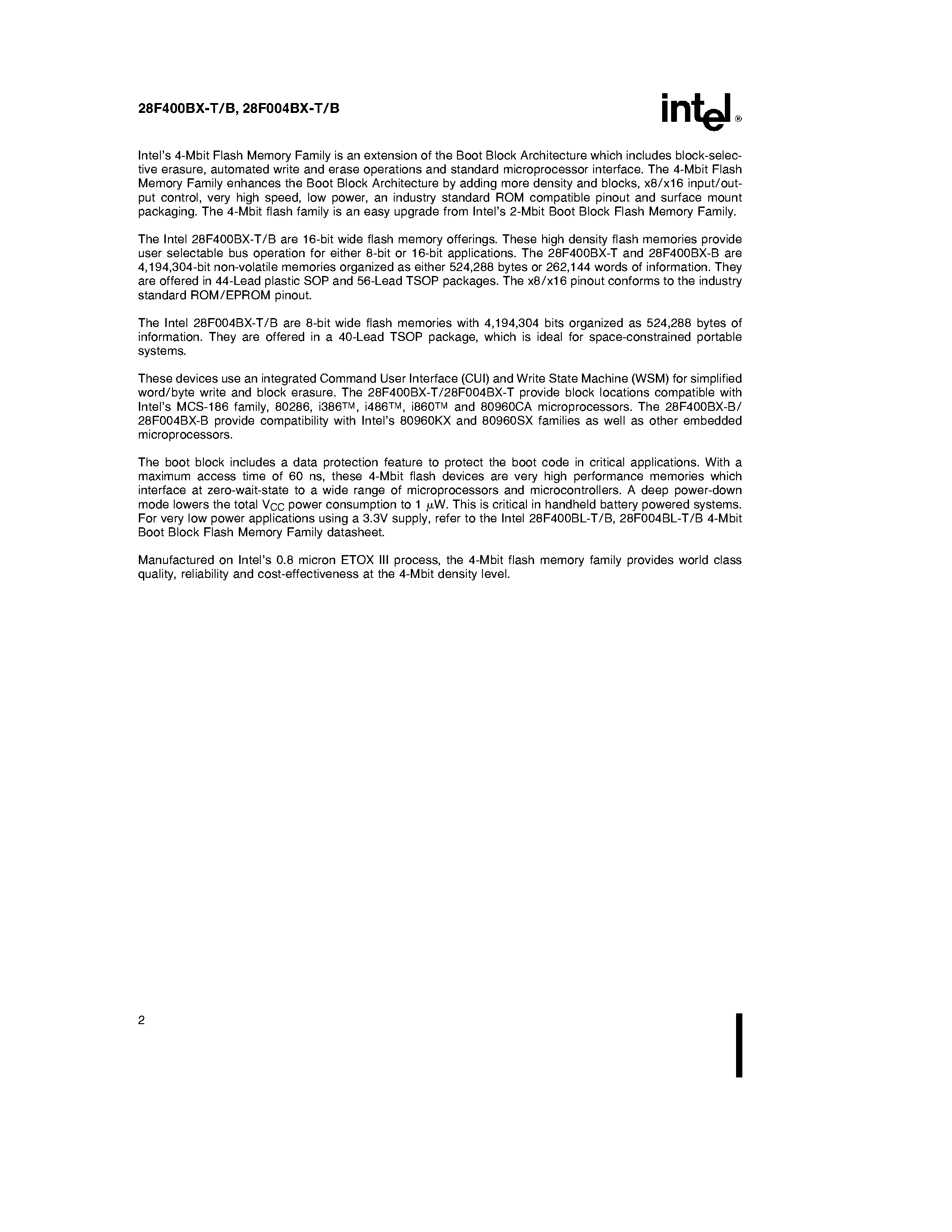 Datasheet E28F400BX-T120 page 2 Datasheet E28F400BX-T120 - 4-MBIT (256K X 16/ 512K X 8) BOOT BLOCK FLASH MEMORY FAMILY page 2