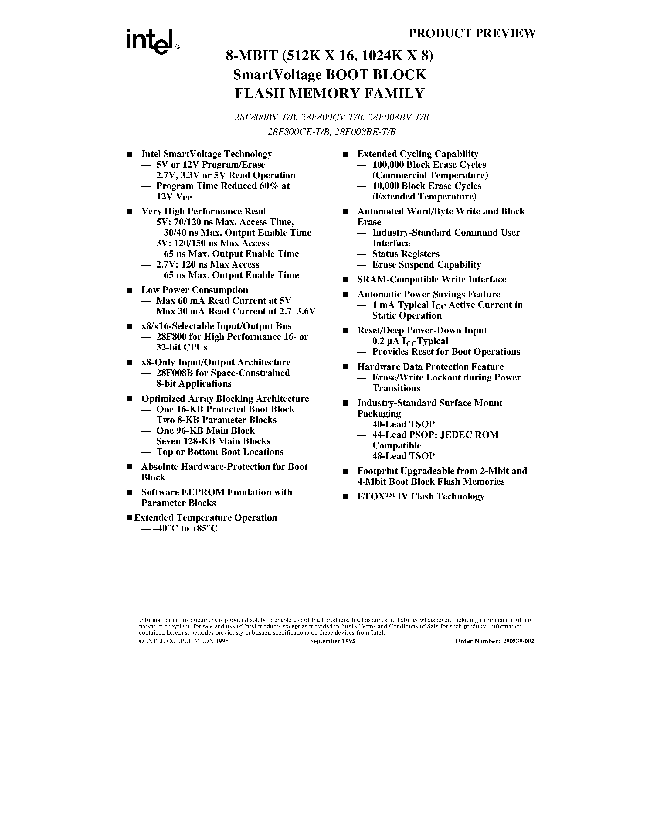 Datasheet E28F800CVB70 - 8-MBIT (512K X 16/ 1024K X 8) SmartVoltage BOOT BLOCK FLASH MEMORY FAMILY page 1