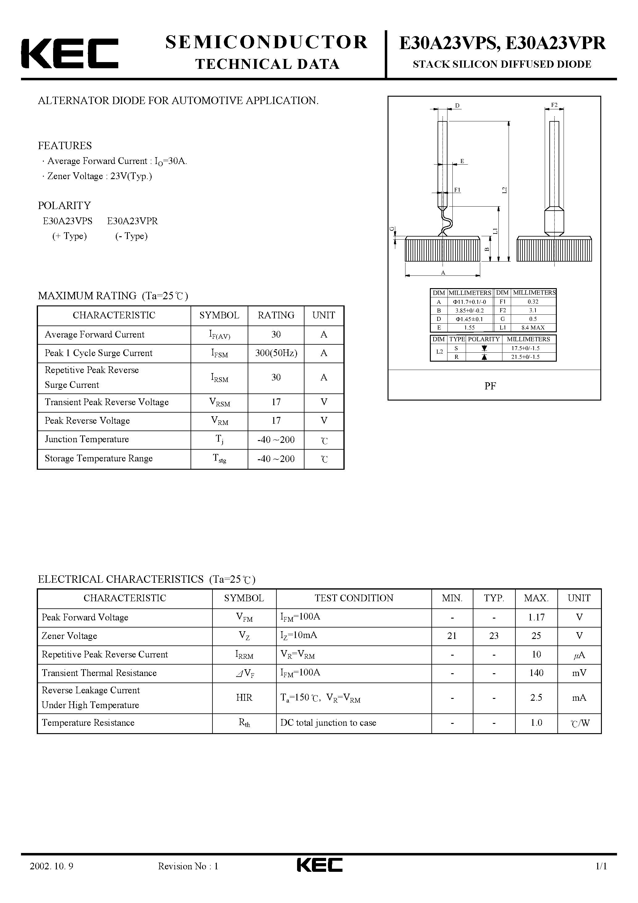 Datasheet E30A23VPR - STACK SILICON DIFFUSED DIODE (ALTERNATOR DIODE FOR AUTOMOTIVE) page 1