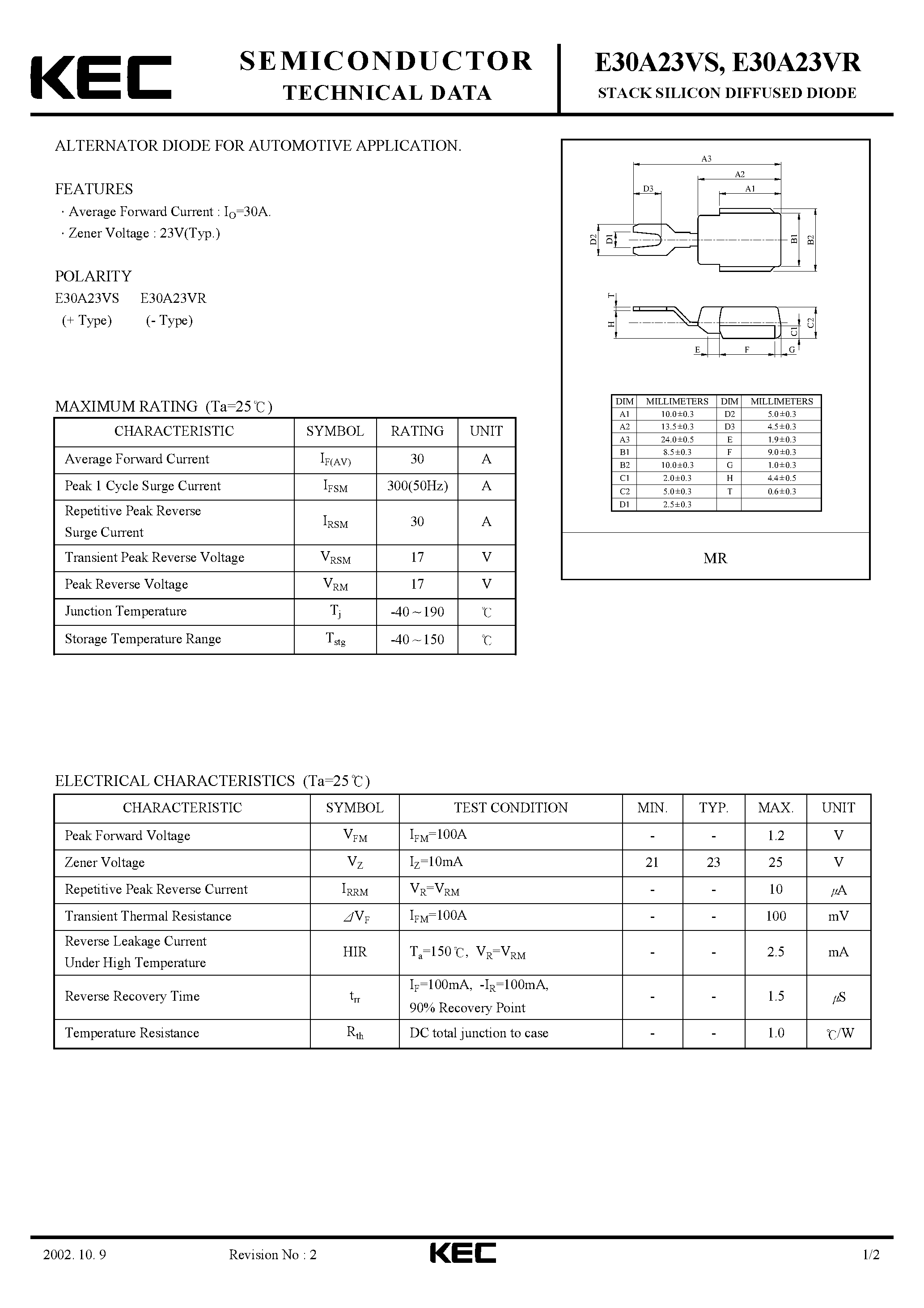 Datasheet E30A23VS - STACK SILICON DIFFUSED DIODE (ALTERNATOR DIODE FOR AUTOMOTIVE) page 1