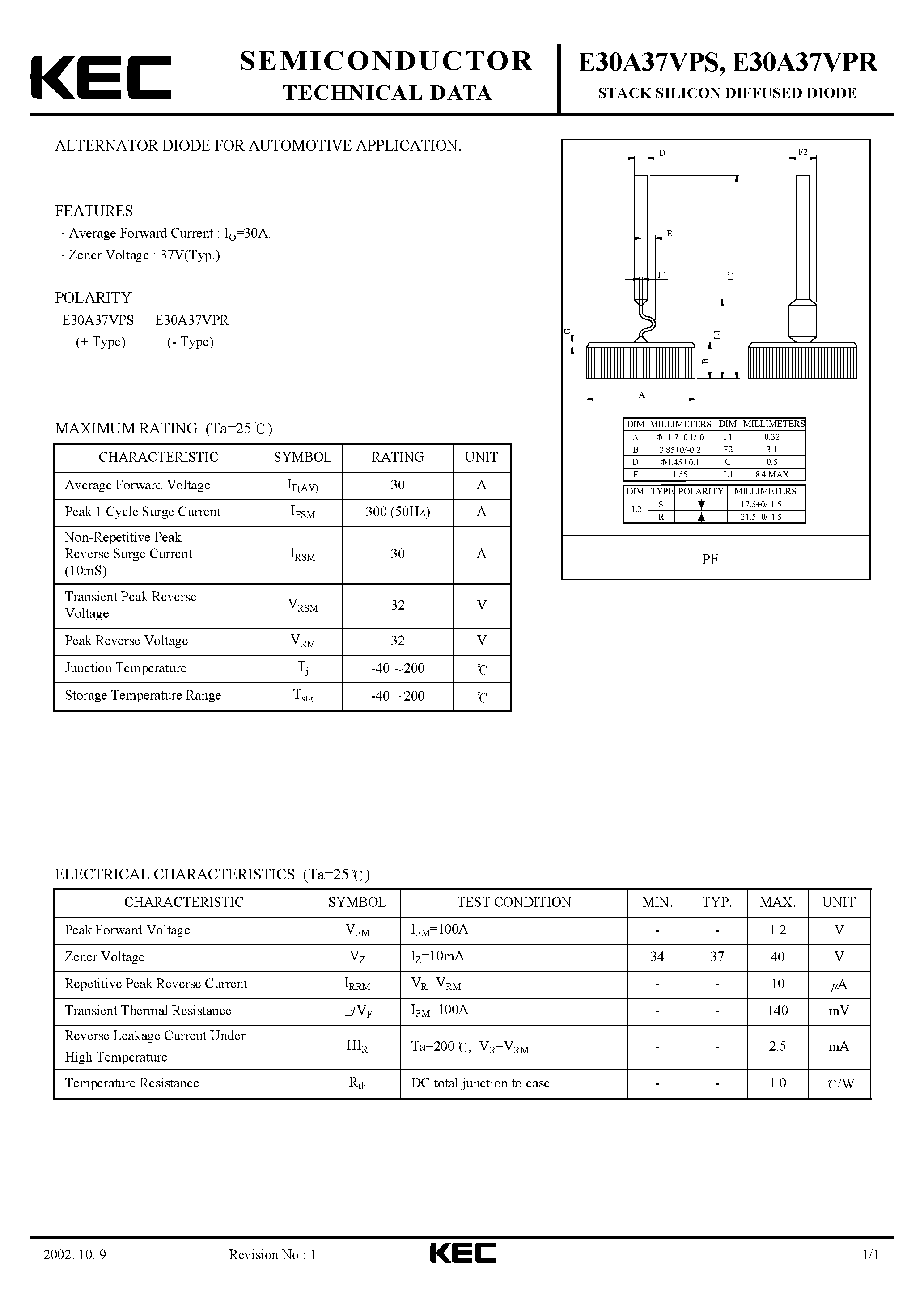 Datasheet E30A37VPS - STACK SILICON DIFFUSED DIODE (ALTERNATOR DIODE FOR AUTOMOTIVE) page 1