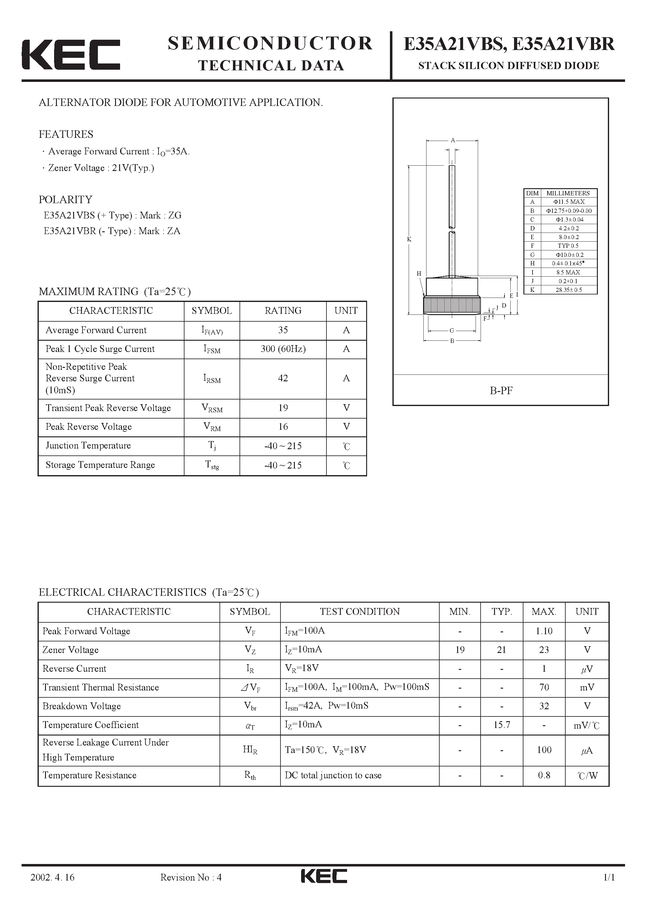 Datasheet E35A21VBR - STACK SILICON DIFFUSED DIODE (ALTERNATOR DIODE FOR AUTOMOTIVE) page 1