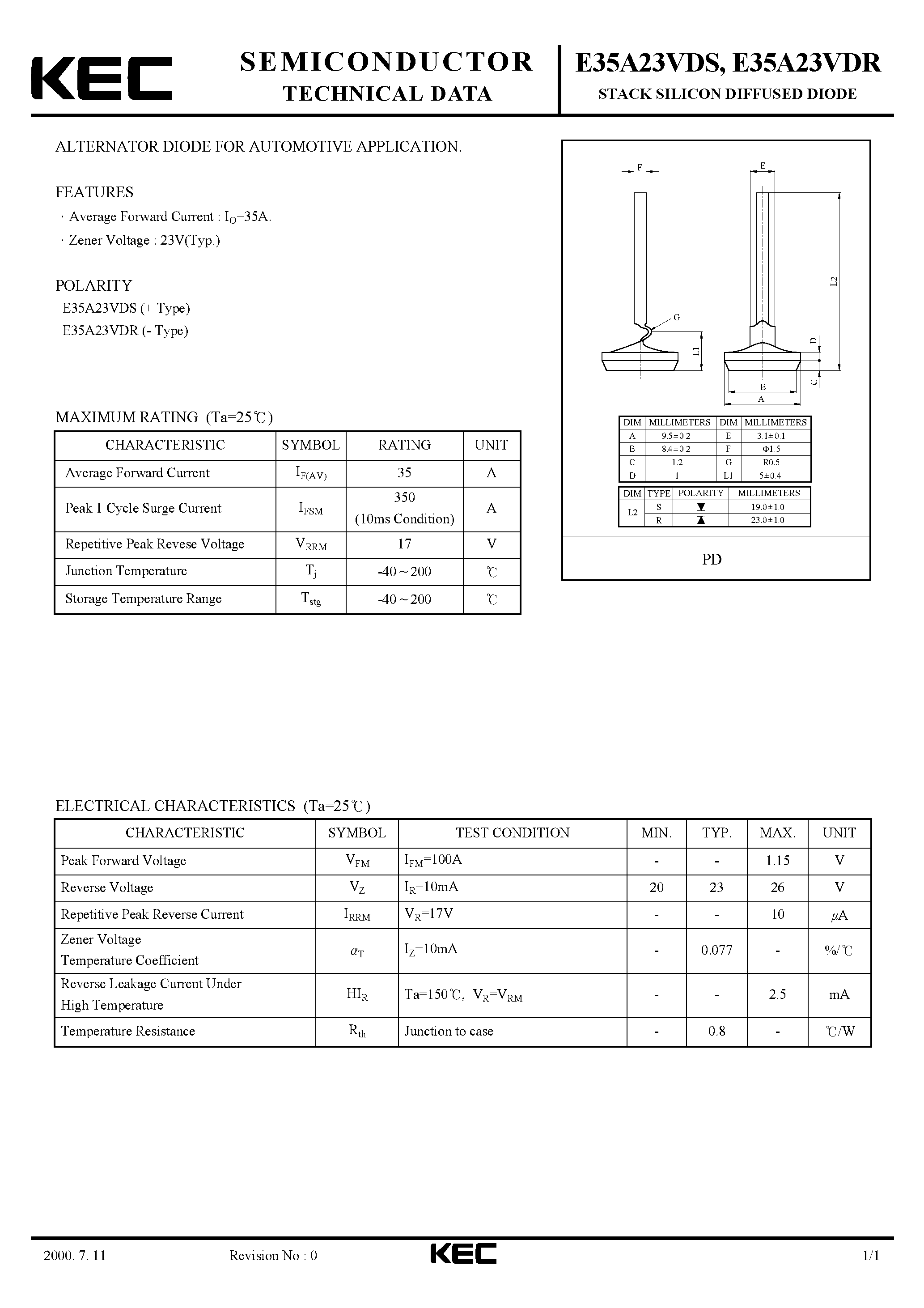 Datasheet E35A23VDS - STACK SILICON DIFFUSED DIODE (ALTERNATOR DIODE FOR AUTOMOTIVE) page 1