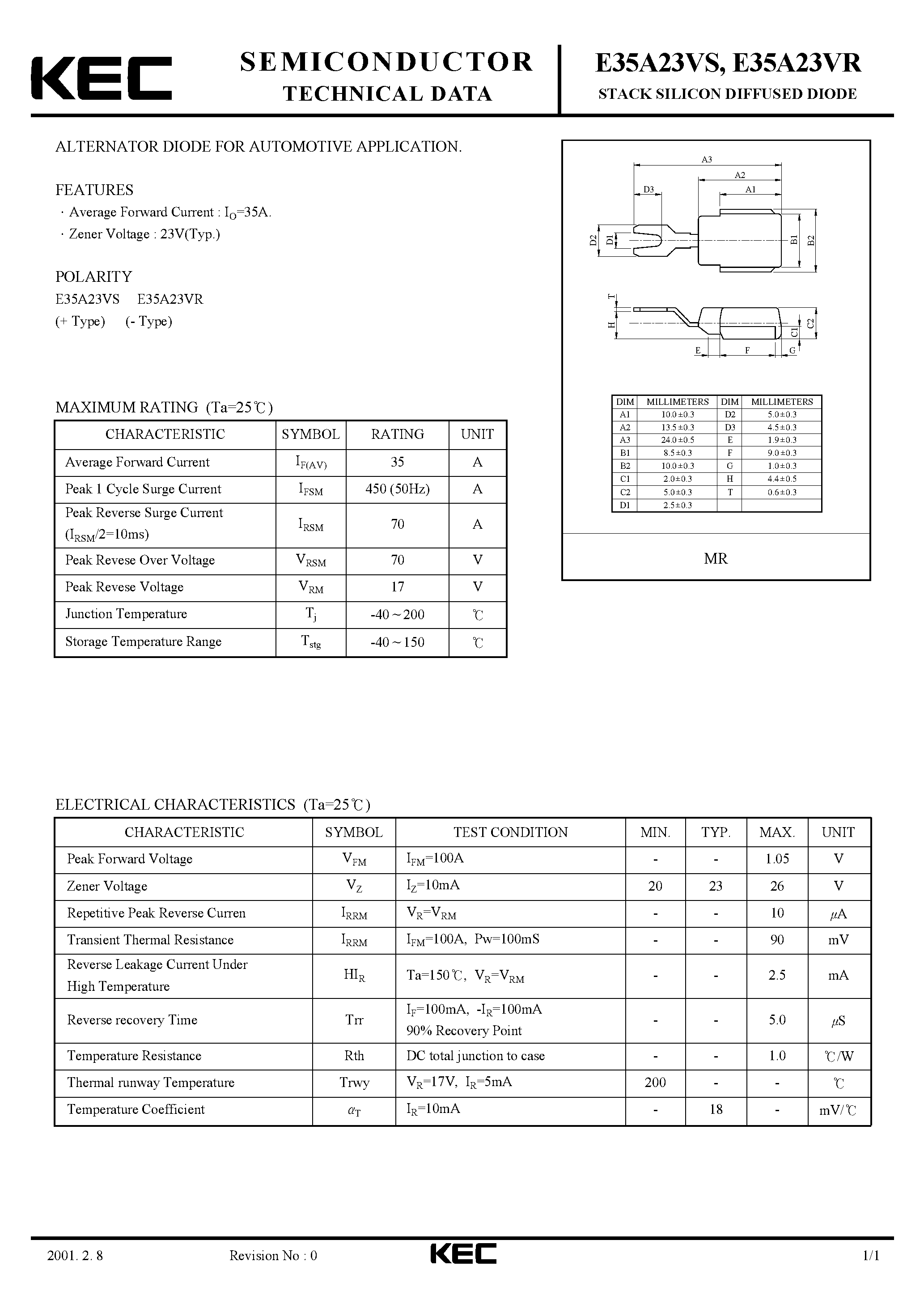 Datasheet E35A23VS - STACK SILICON DIFFUSED DIODE (ALTERNATOR DIODE FOR AUTOMOTIVE) page 1