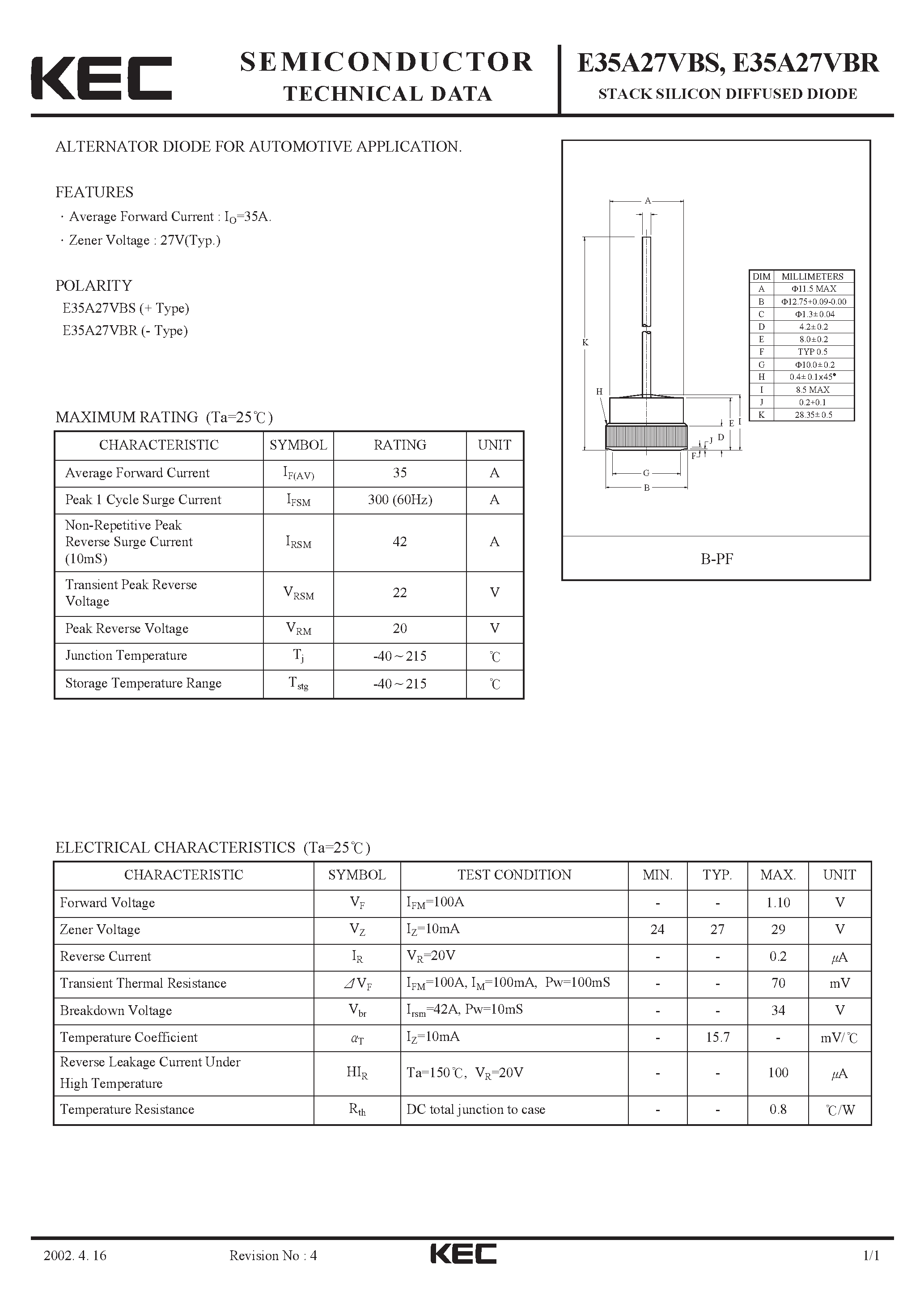 Datasheet E35A27VBS - STACK SILICON DIFFUSED DIODE (ALTERNATOR DIODE FOR AUTOMOTIVE) page 1