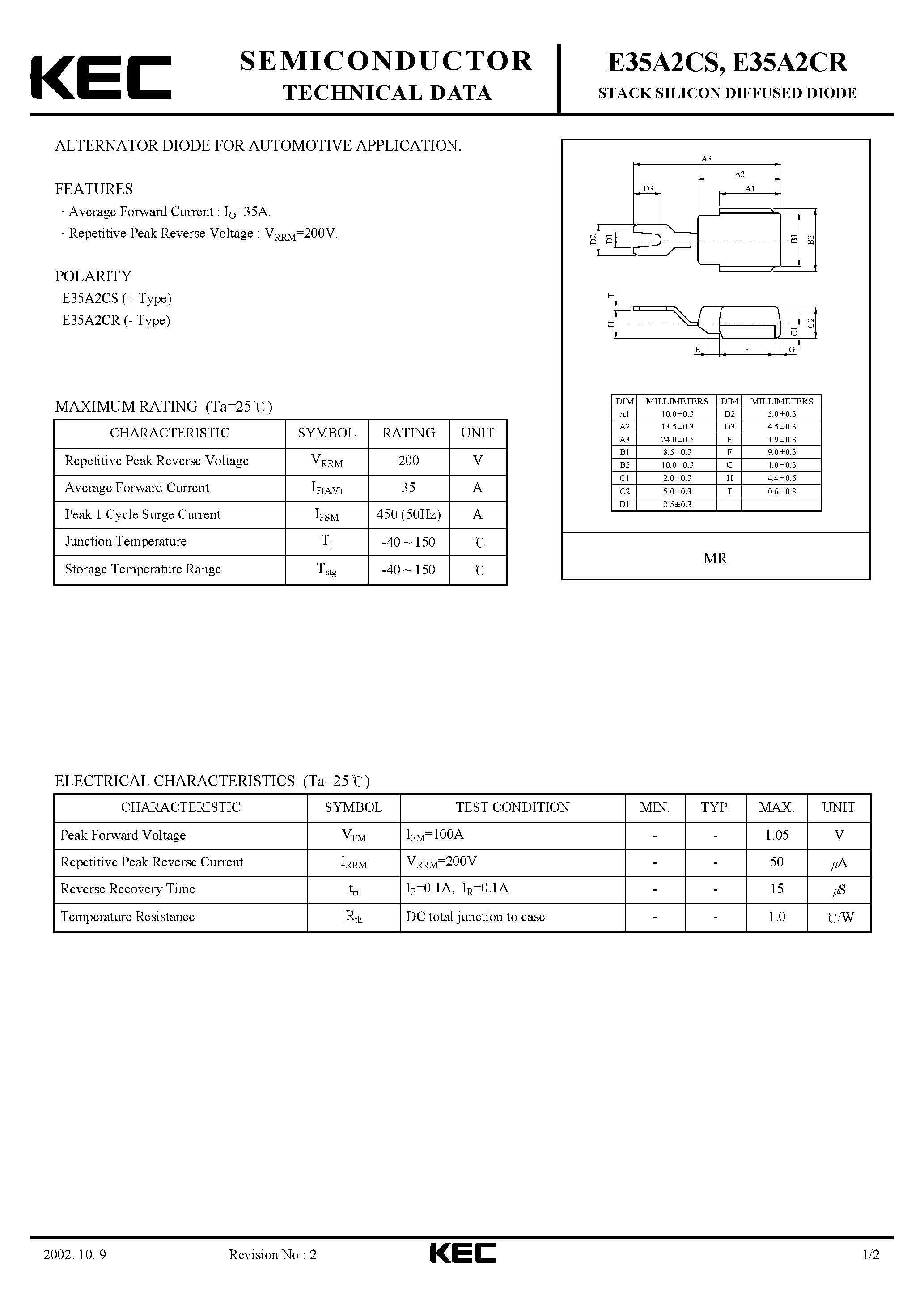 Datasheet E35A2CS - STACK SILICON DIFFUSED DIODE (ALTERNATOR DIODE FOR AUTOMOTIVE) page 1