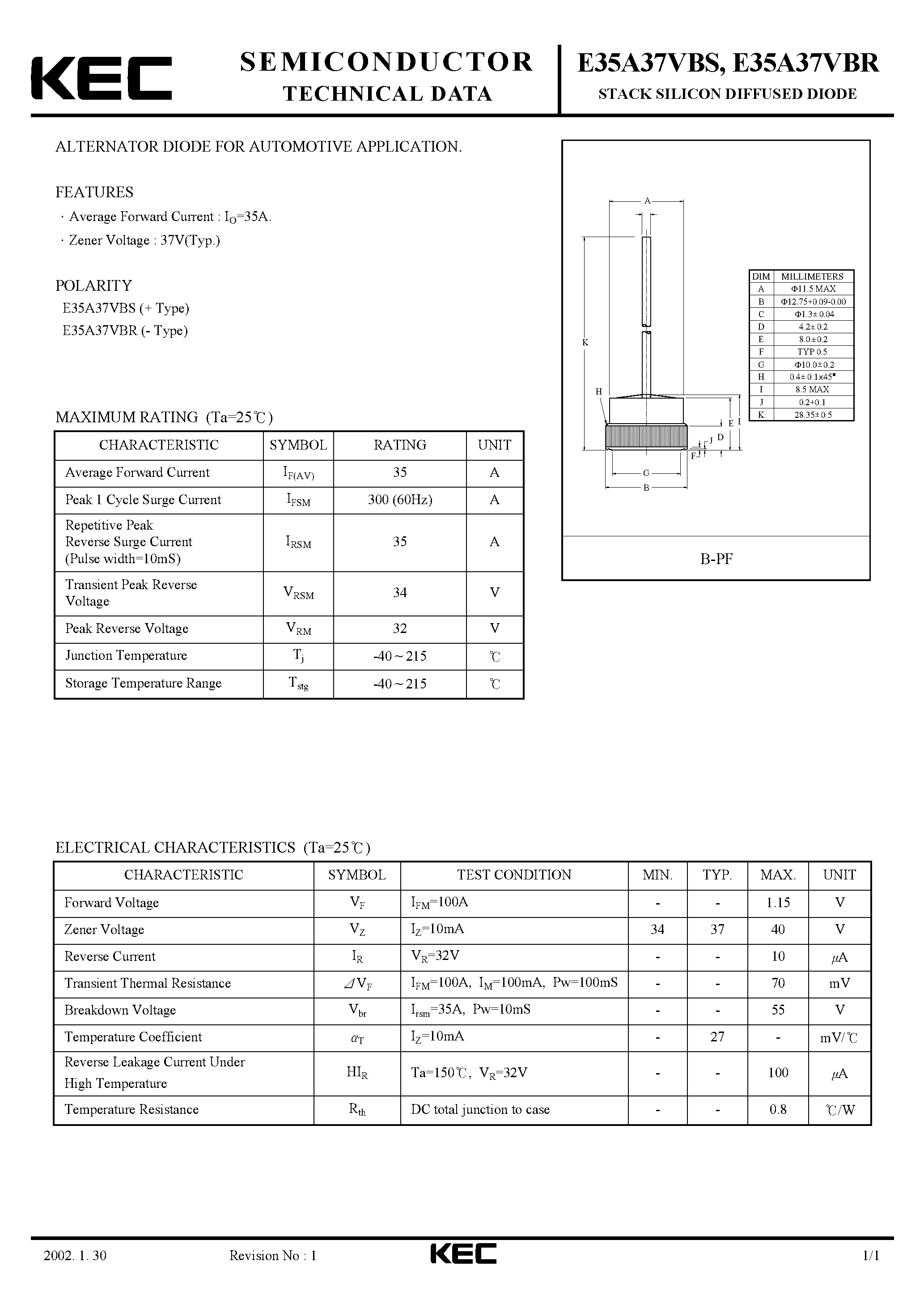 Datasheet E35A37VBR - STACK SILICON DIFFUSED DIODE (ALTERNATOR DIODE FOR AUTOMOTIVE) page 1