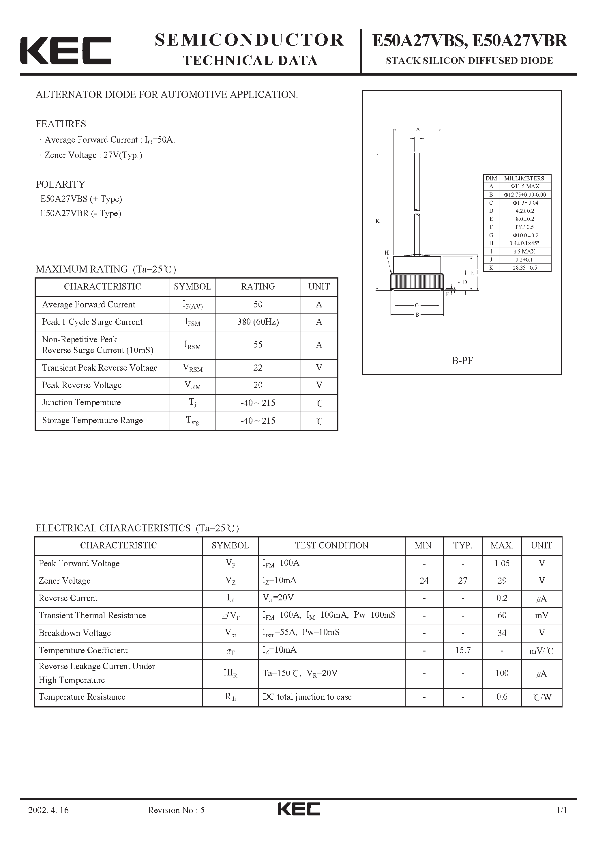 Datasheet E50A27VBR - STACK SILICON DIFFUSED DIODE (ALTERNATOR DIODE FOR AUTOMOTIVE) page 1