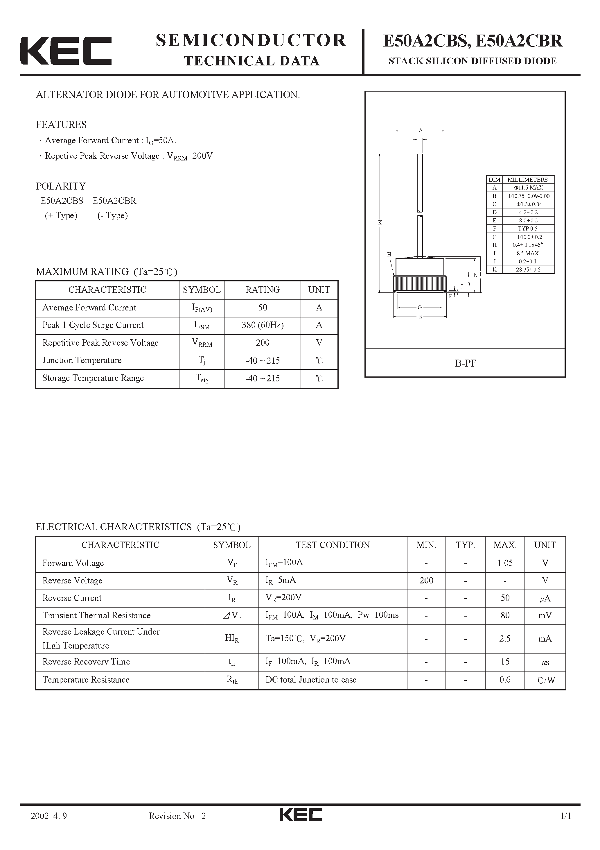 Datasheet E50A2CBR - STACK SILICON DIFFUSED DIODE (ALTERNATOR DIODE FOR AUTOMOTIVE) page 1