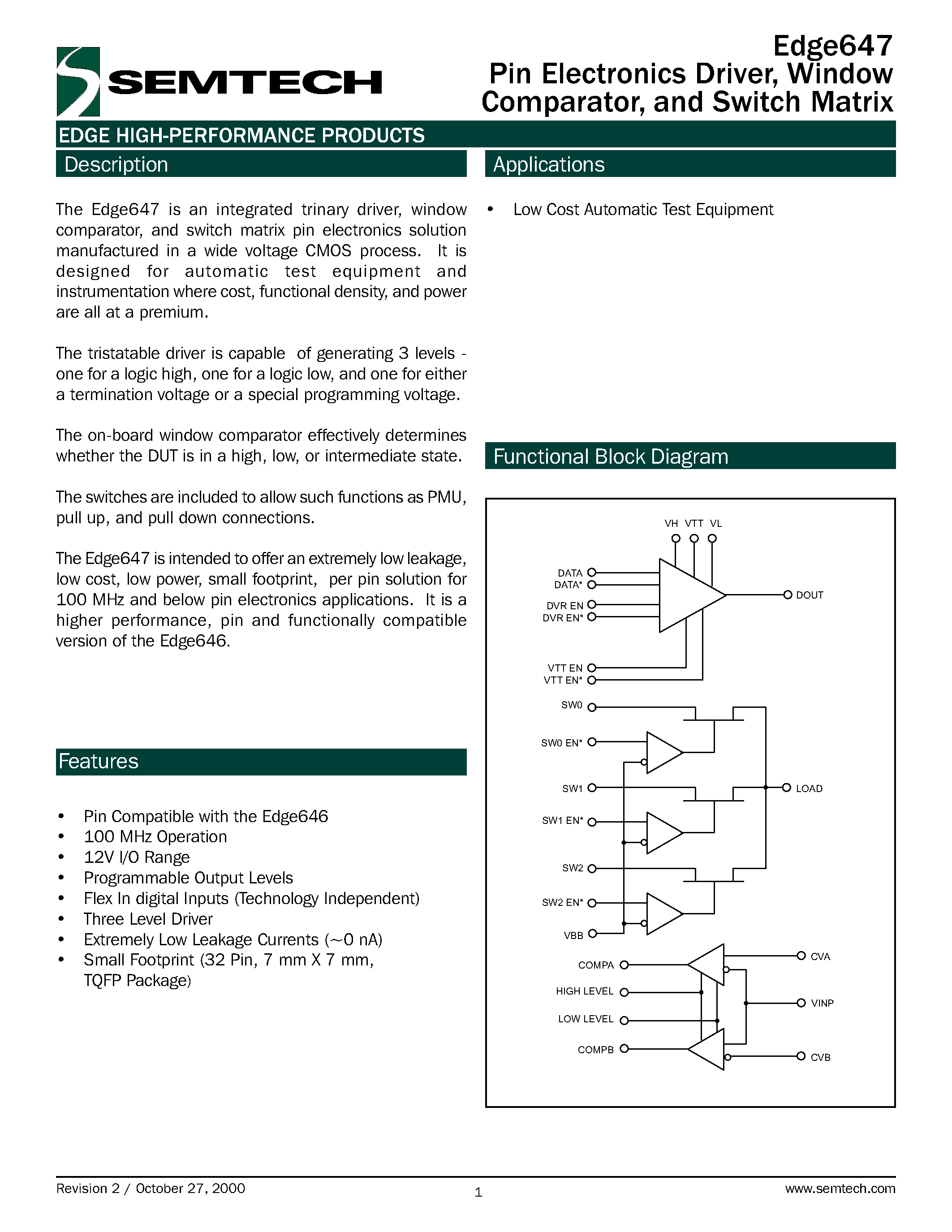 Даташит E647ATF - Pin Electronics Driver/ Window Comparator/ and Switch Matrix страница 1