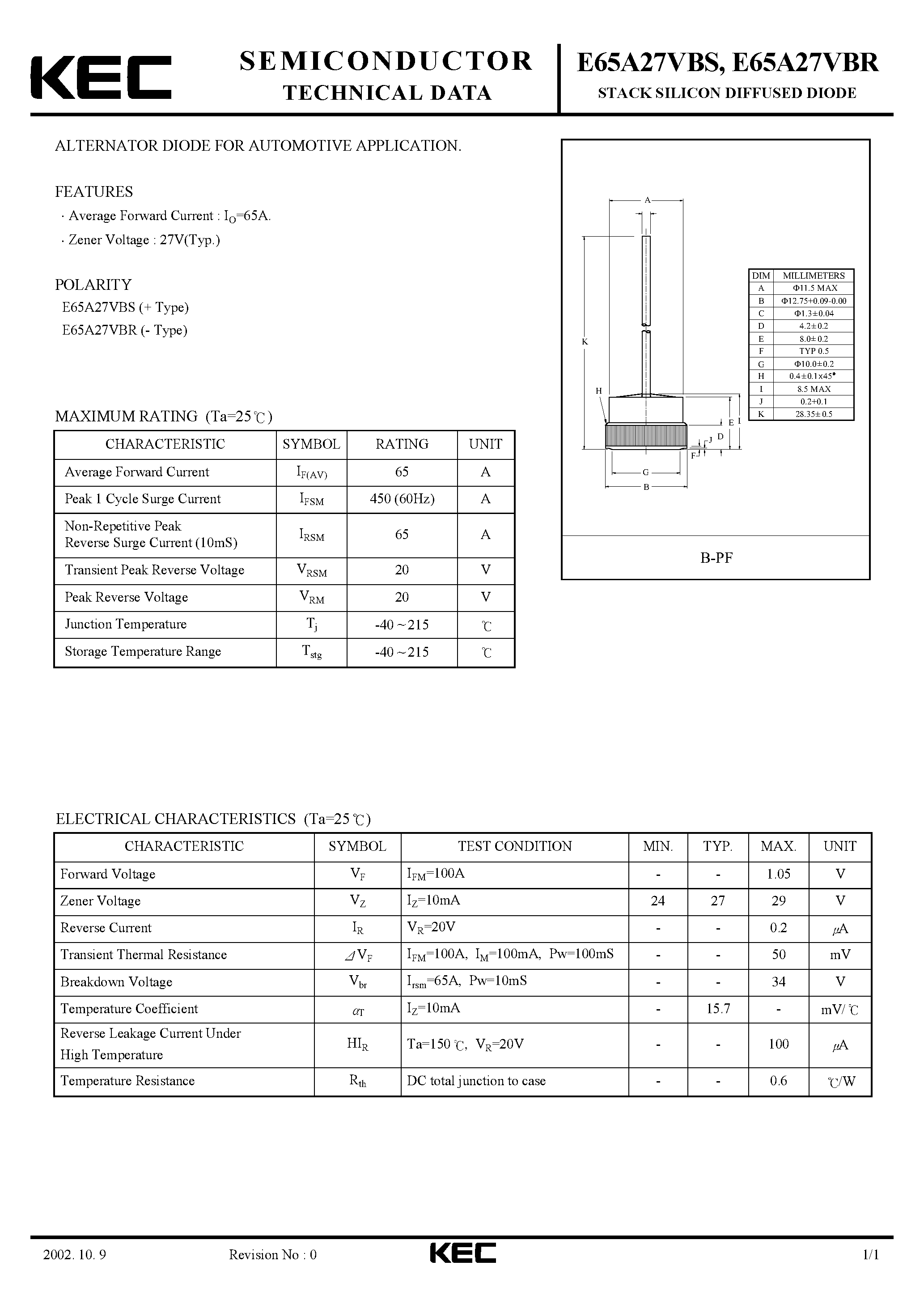 Datasheet E65A27VBS - STACK SILICON DIFFUSED DIODE (ALTERNATOR DIODE FOR AUTOMOTIVE) page 1