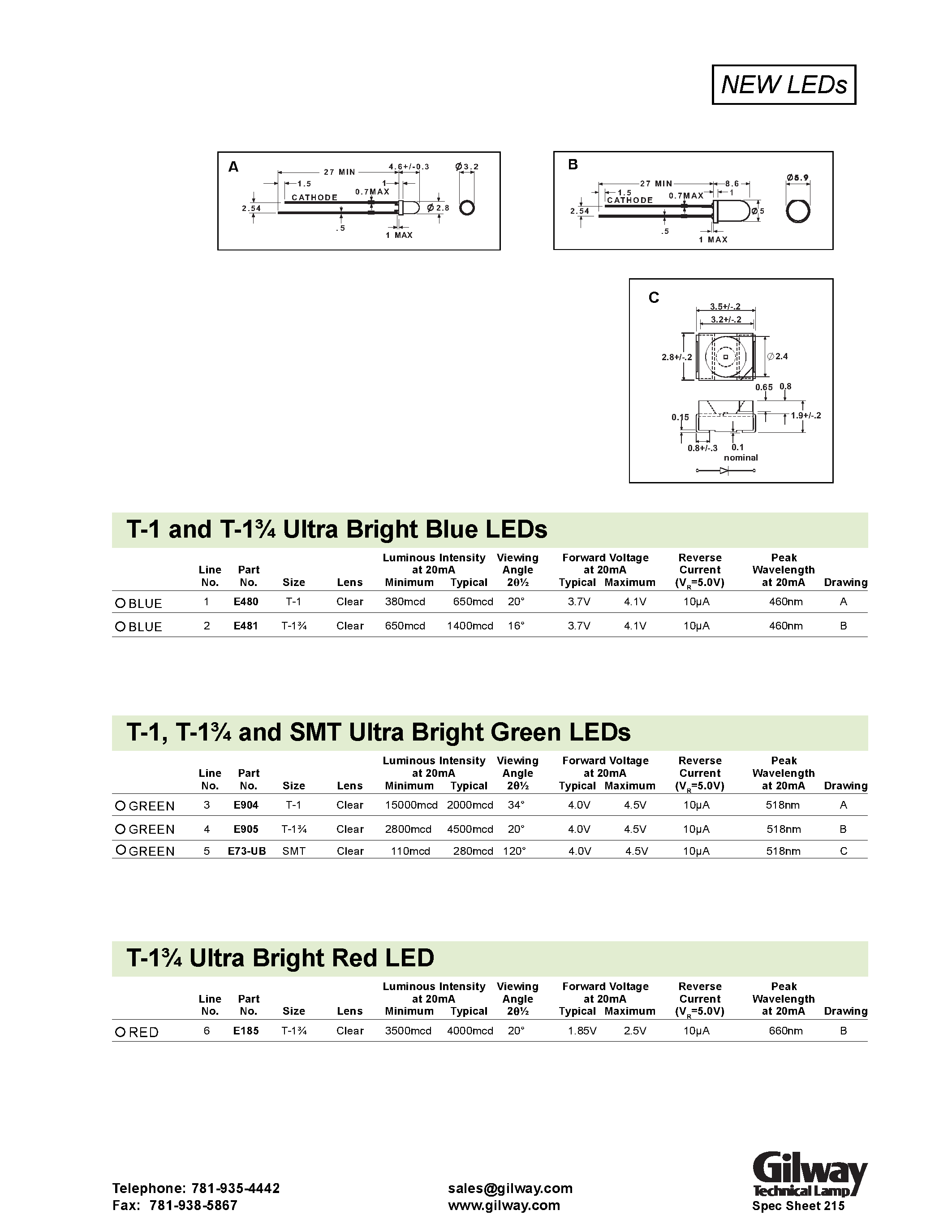 Datasheet E73-UB - T-1 and T-1 3/4 Ultra Bright Blue LEDs page 1