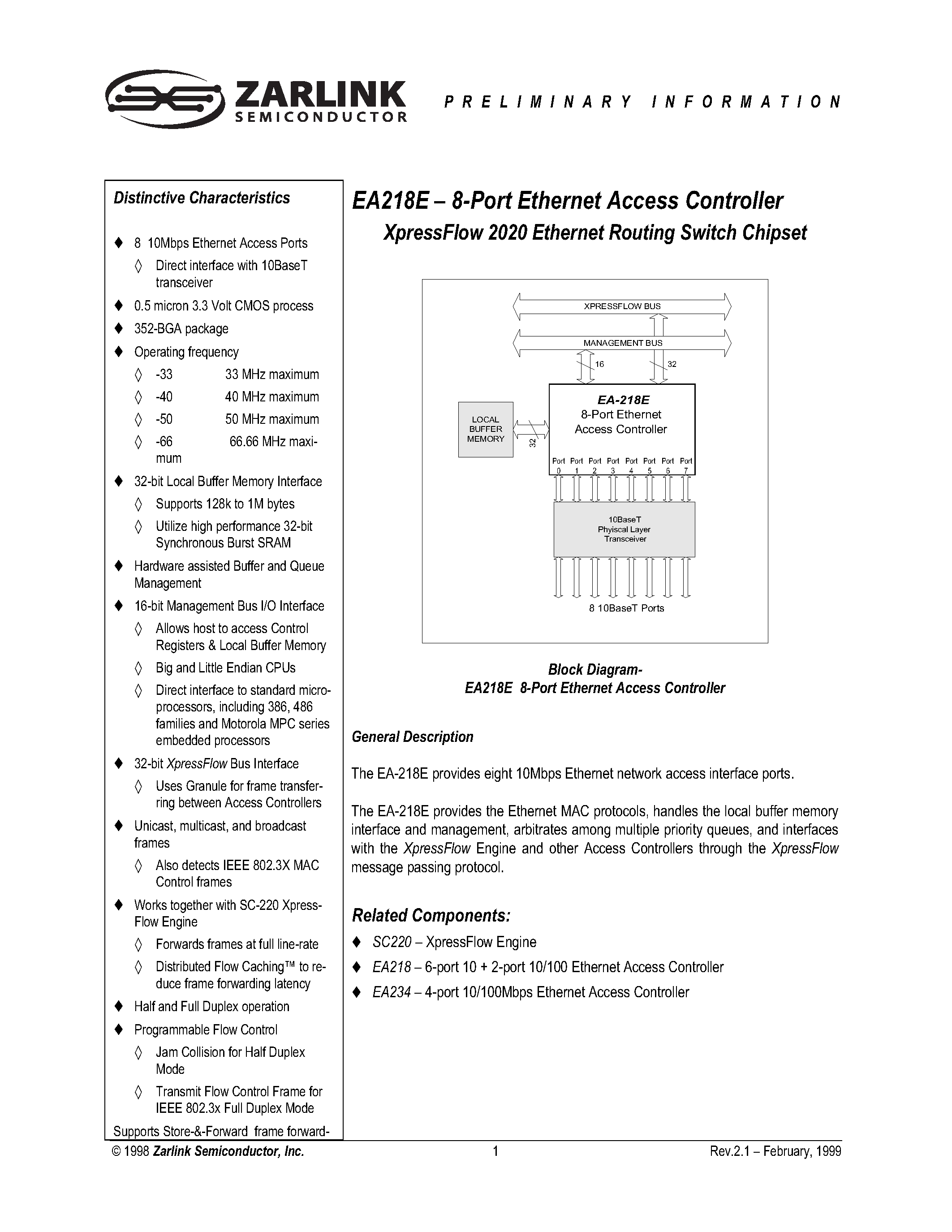 Даташит на микросхему EA218EC6B страница 2 Даташит EA218EC6B - EA218E 8-Port Ethernet Access Controller XpressFlow 2020 Ethernet Routing Switch Chipset страница 2