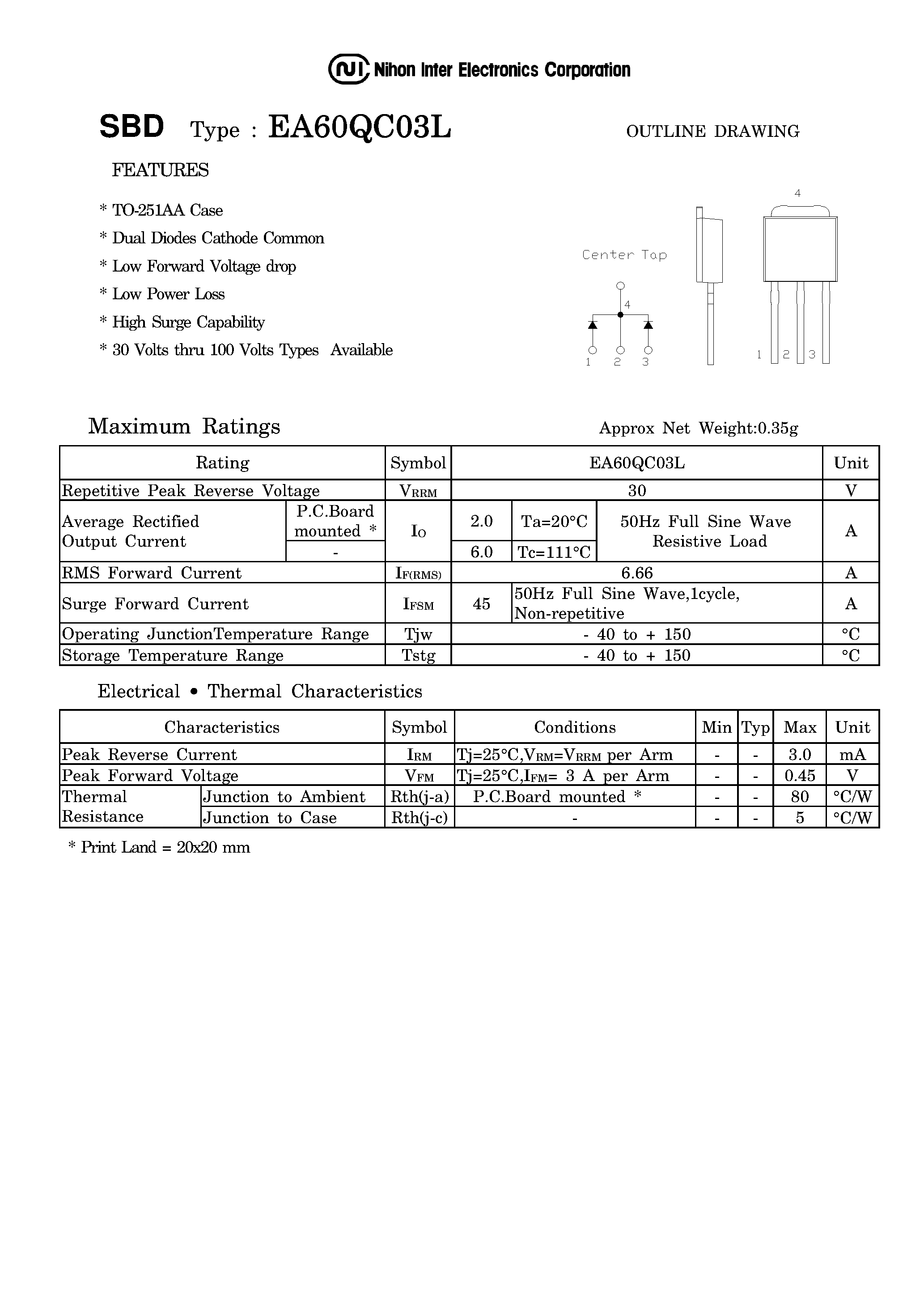Даташит на микросхему EA60QC03L страница 1 Даташит EA60QC03L - SBD DUAL DIODES CATHODE COMMON страница 1