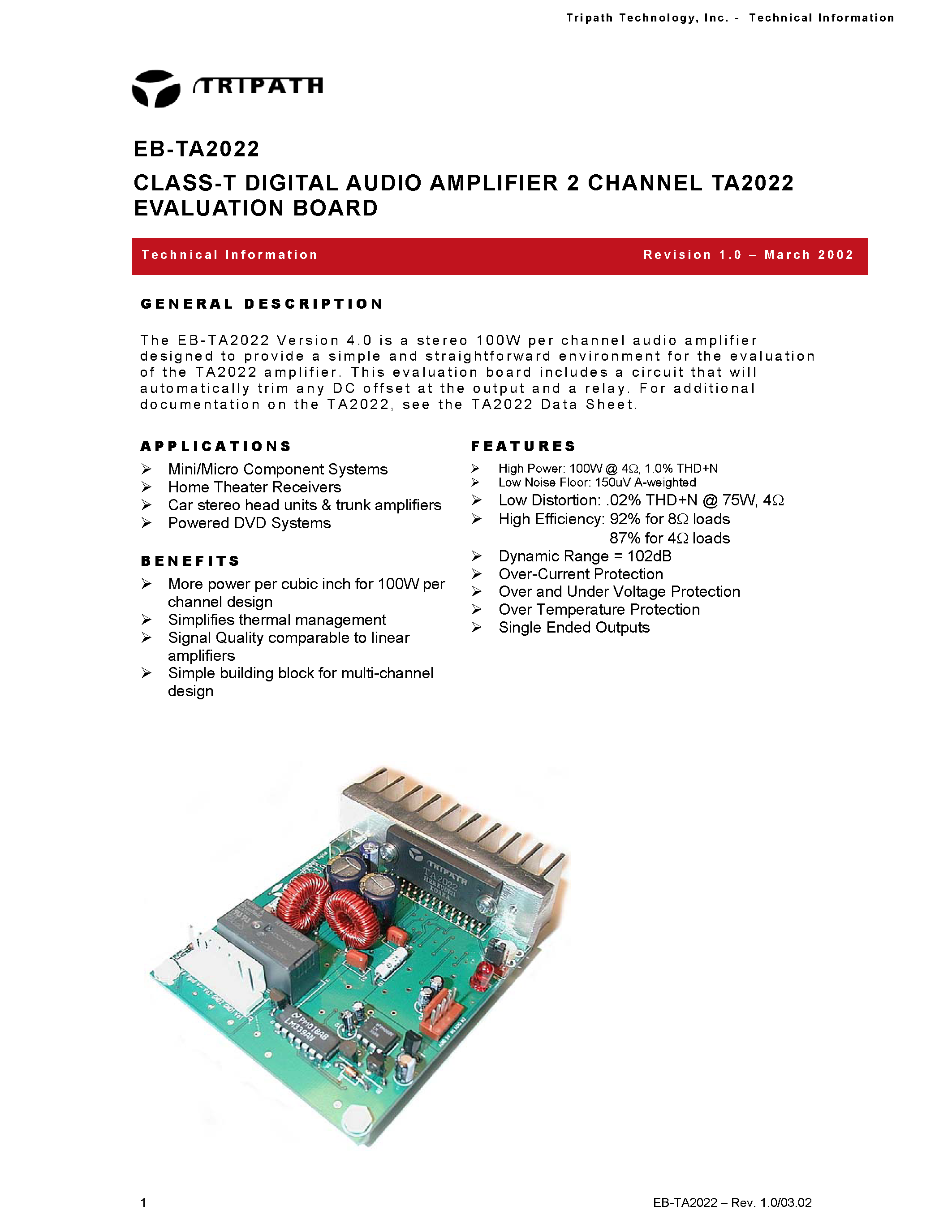 Даташит на микросхему EB-TA2022 страница 1 Даташит EB-TA2022 - CLASS-T DIGITAL AUDIO AMPLIFIER 2 CHANNEL TA2022 EVALUATION BOARD страница 1