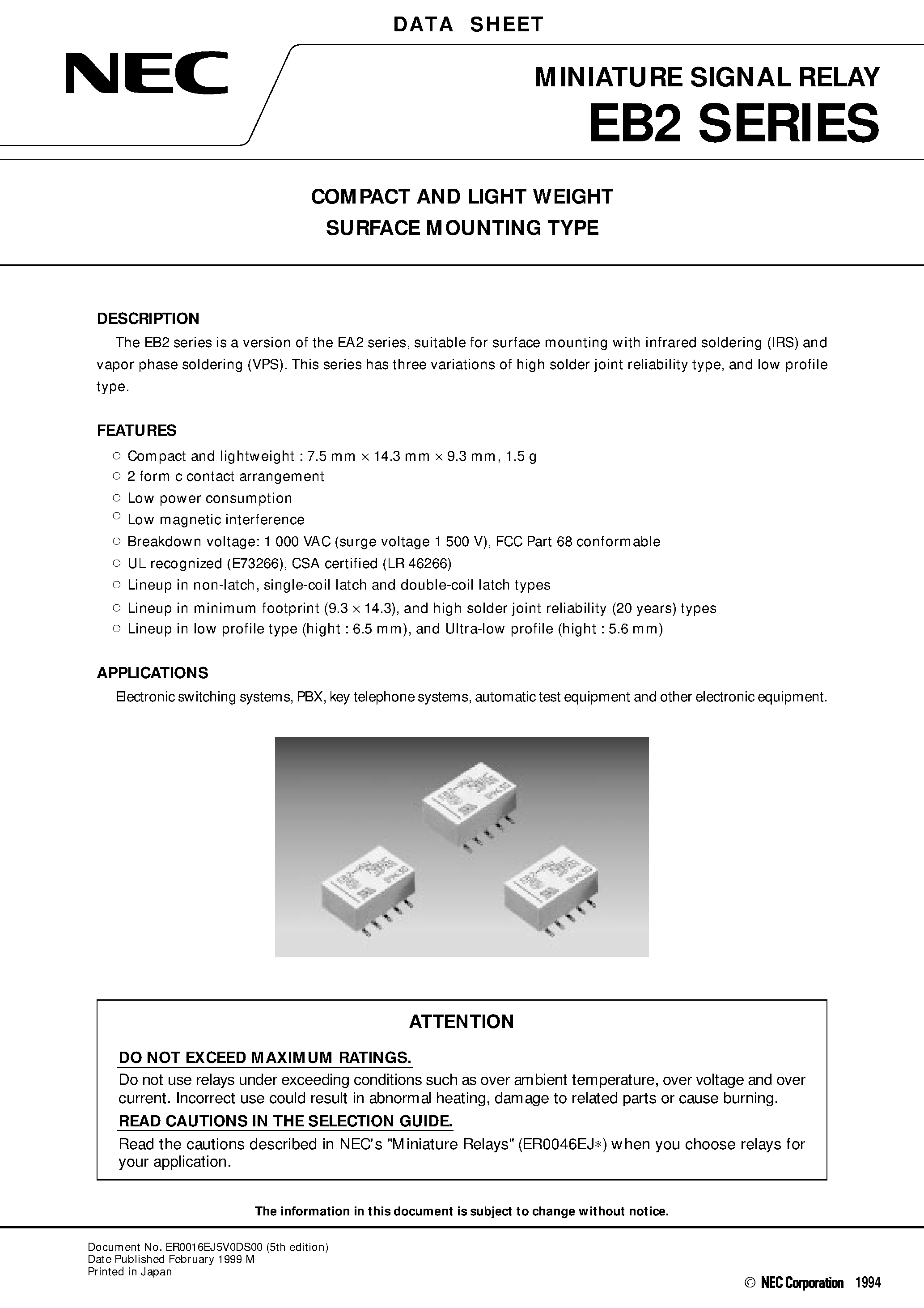 Datasheet EB2-5SNUL-R page 1 Datasheet EB2-5SNUL-R - COMPACT AND LIGHT WEIGHT SURFACE MOUNTING TYPE page 1