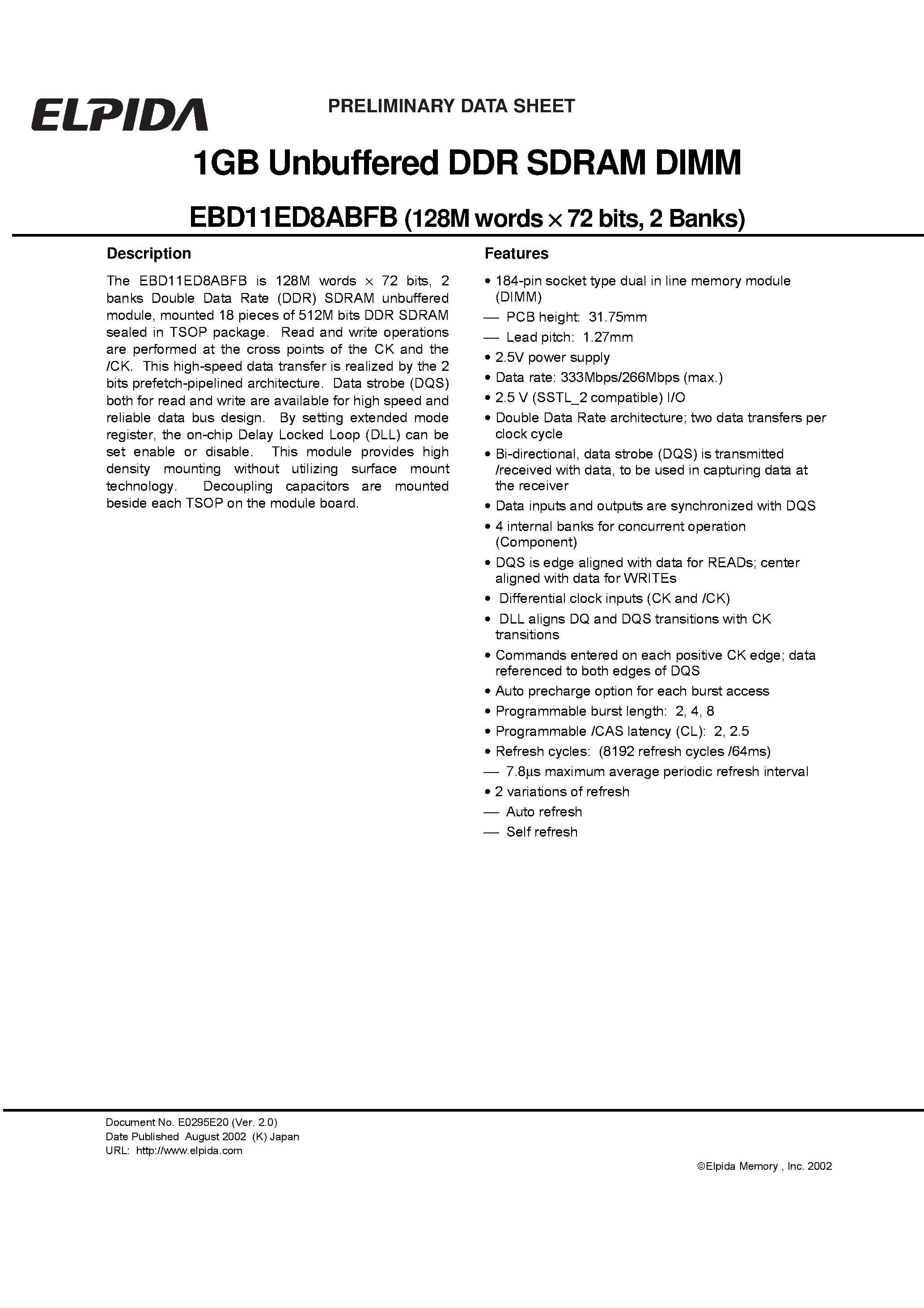 Даташит EBD11ED8ABFB-7A - 1GB Unbuffered DDR SDRAM DIMM EBD11ED8ABFB (128M words 72 bits/ 2 Banks) страница 1