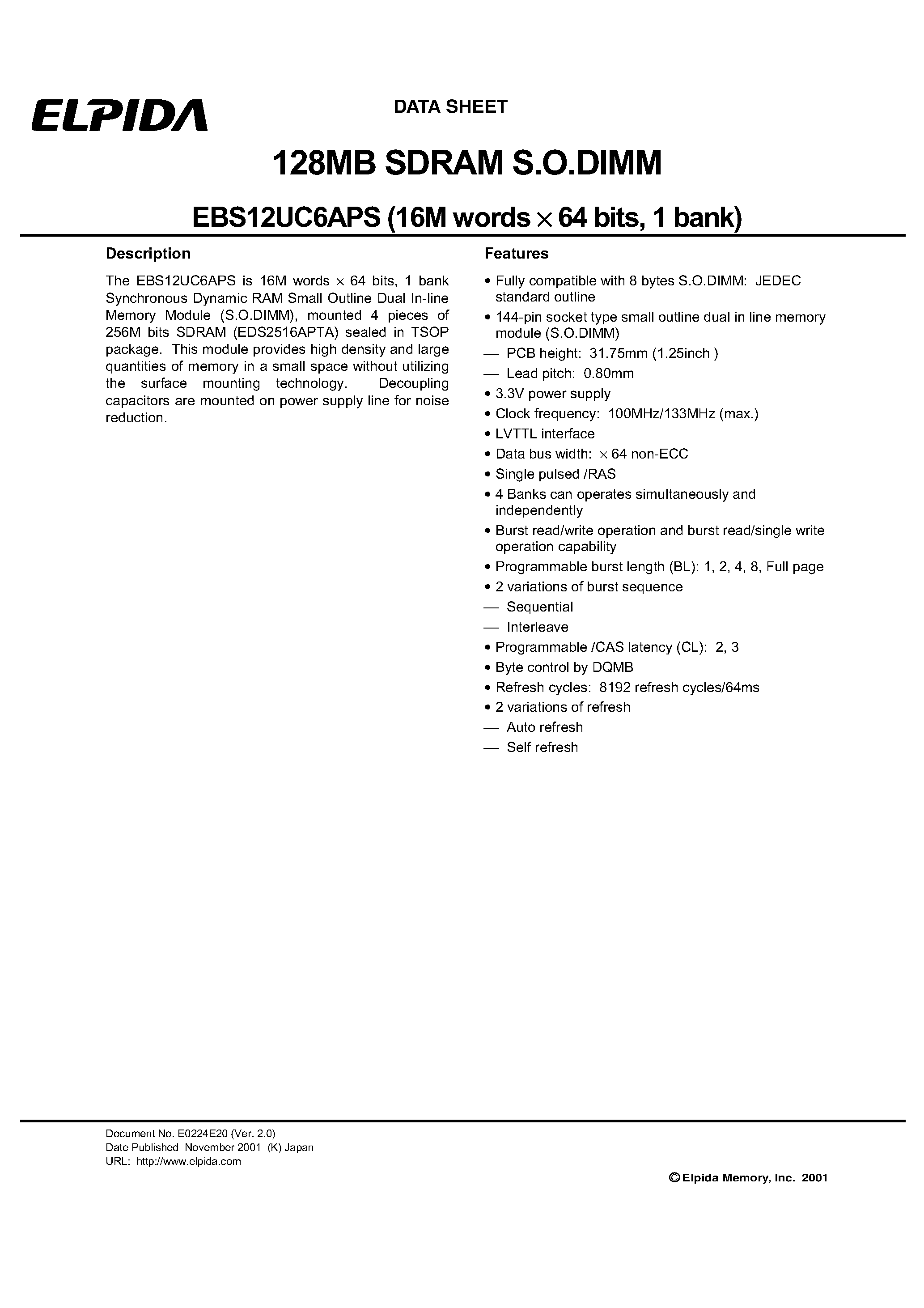 Datasheet EBS12UC6APS-80 - 128MB SDRAM S.O.DIMM page 1