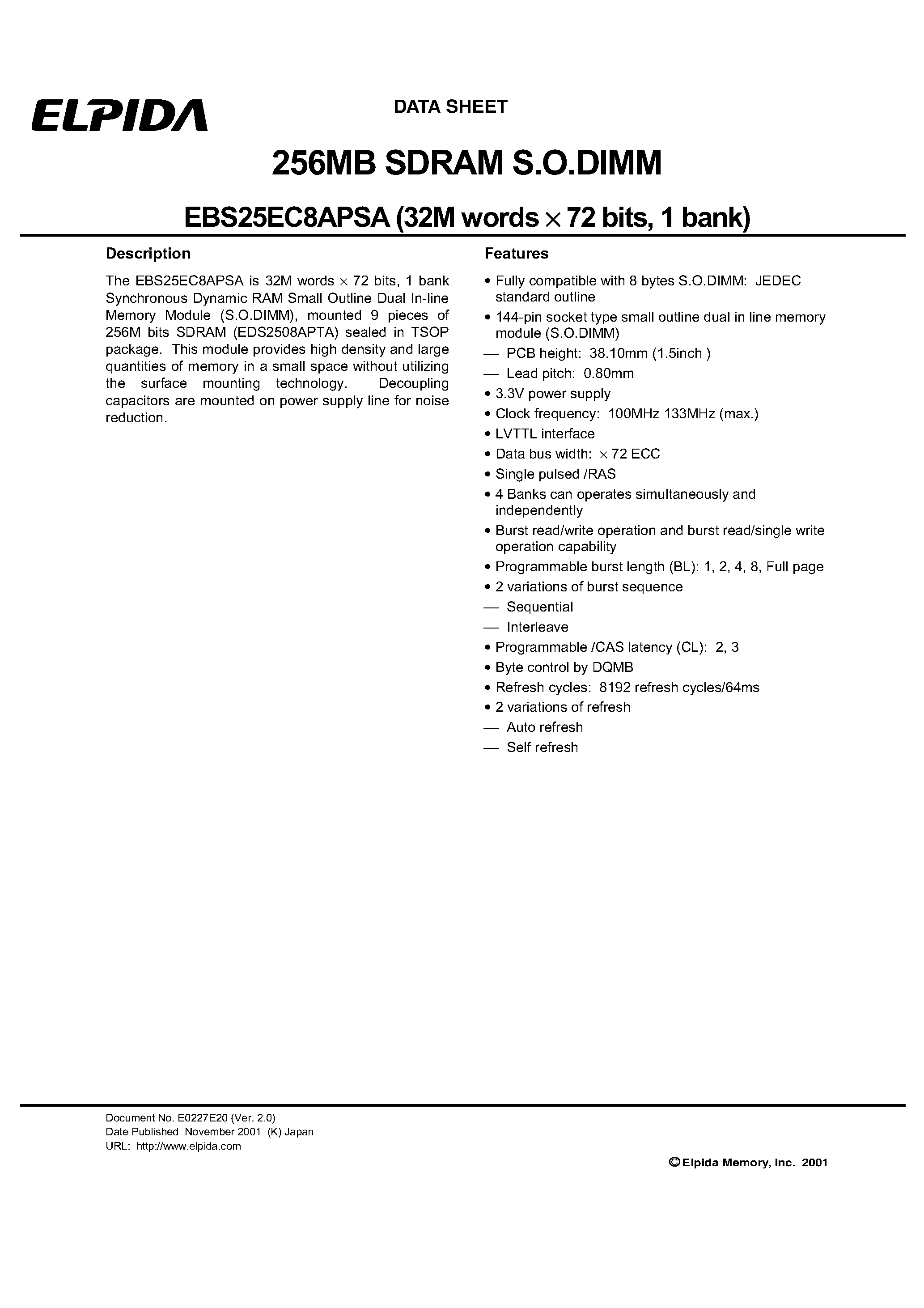 Datasheet EBS25EC8APSA-75L - 256MB SDRAM S.O.DIMM page 1