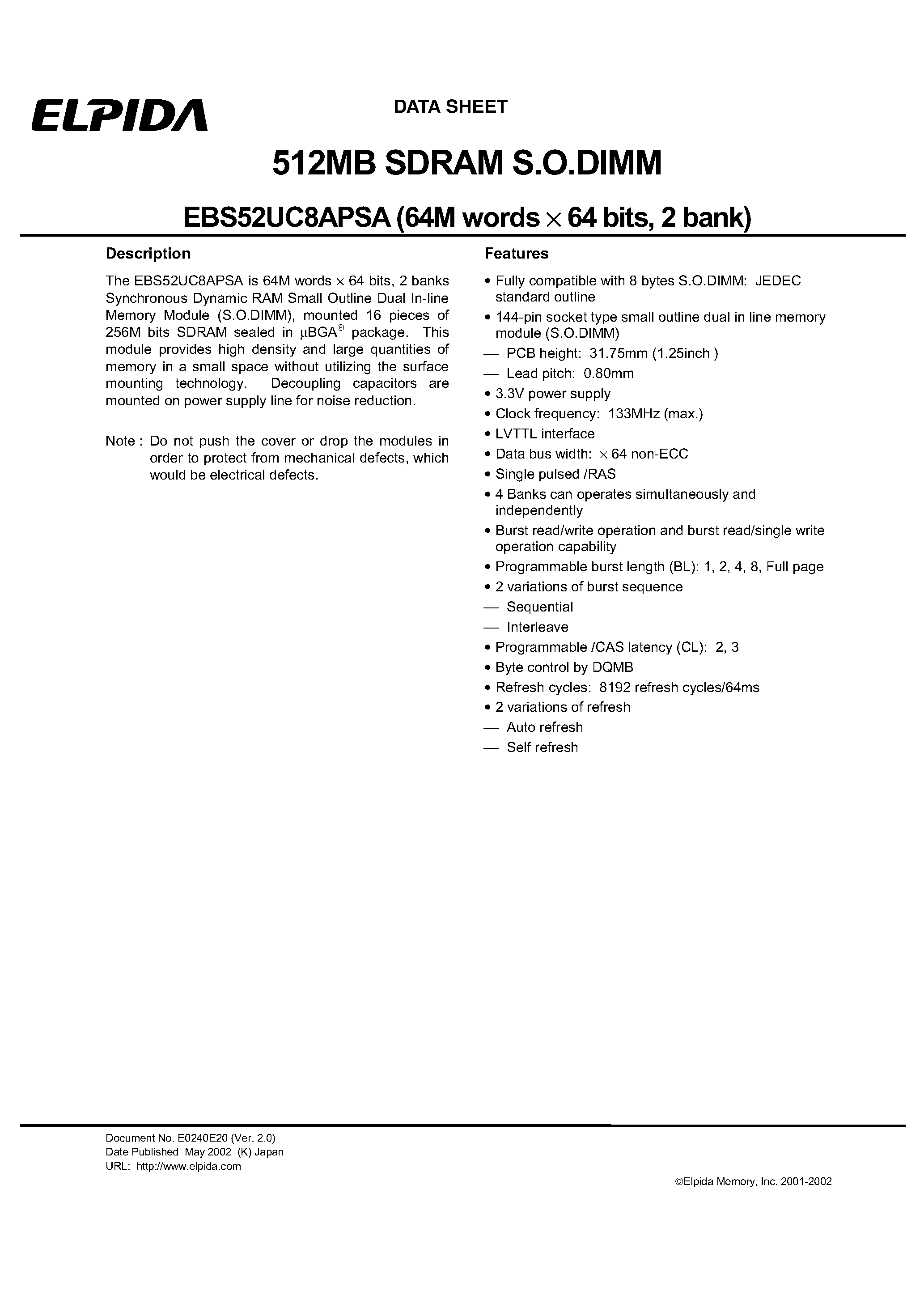 Datasheet EBS52UC8APSA-7A - 512MB SDRAM S.O.DIMM page 1