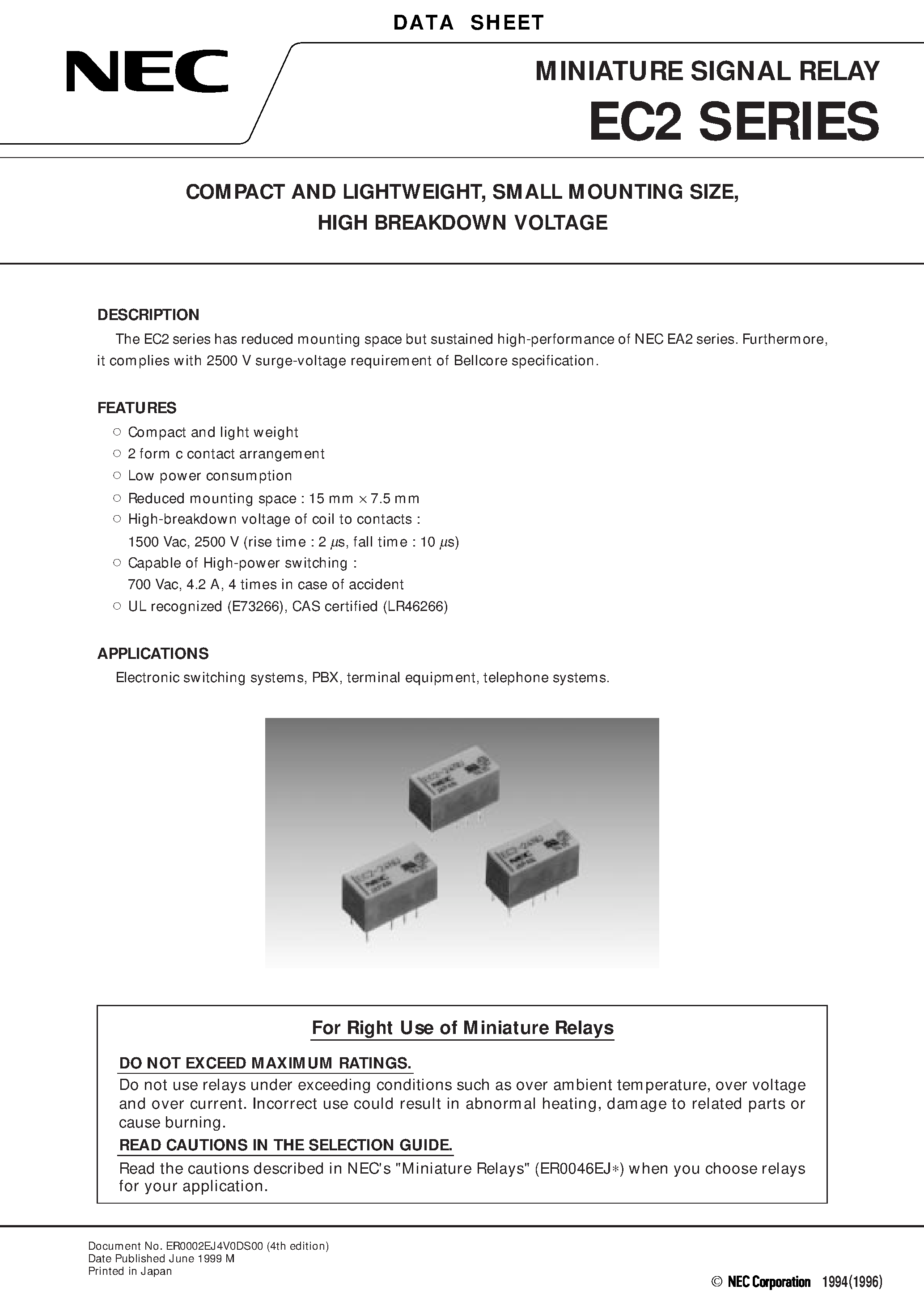 Datasheet EC2-9 - COMPACT AND LIGHTWEIGHT/ SMALL MOUNTING SIZE/ HIGH BREAKDOWN VOLTAGE page 1